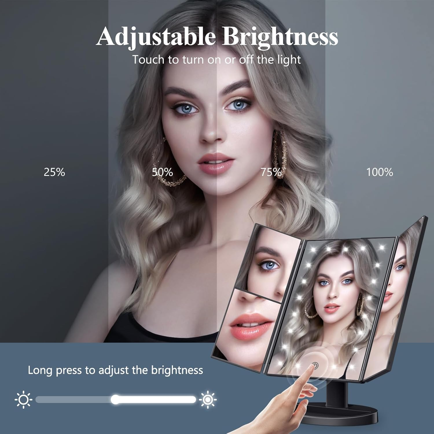 HUONUL Makeup Mirror Vanity with Lights, 2X 3X 10X Magnification, Lighted Mirror, Touch Control, Trifold Dual Power Supply, Portable LED Women Gift (Black) (SM241D-DL) image number 2