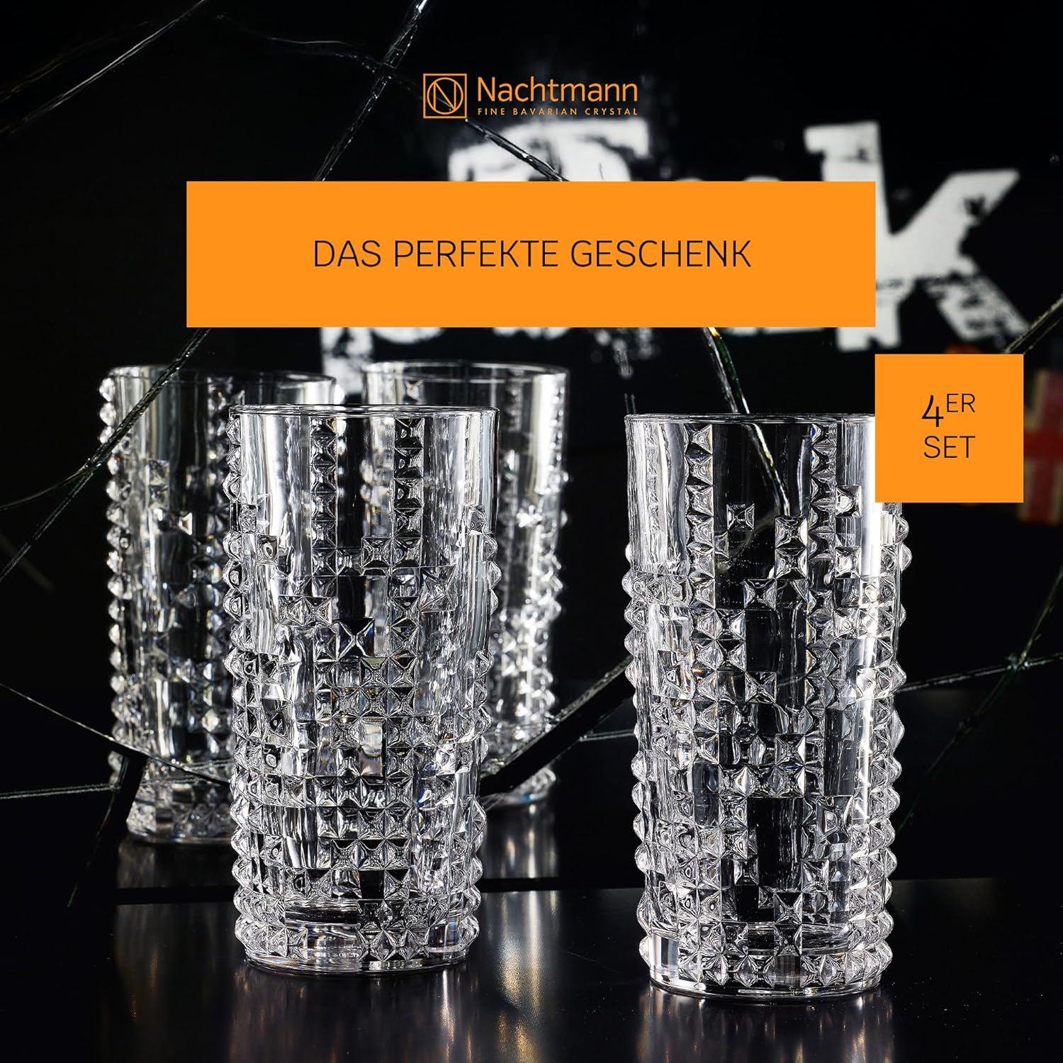 Nachtmann Punk Long Drink Glass, Clear &ndash; Bold Crystal Barware with Stud-Inspired Design &ndash; Tall Shape Enhances Effervescence & Ice Space &ndash; 375 Ml Capacity (Pack of 4)