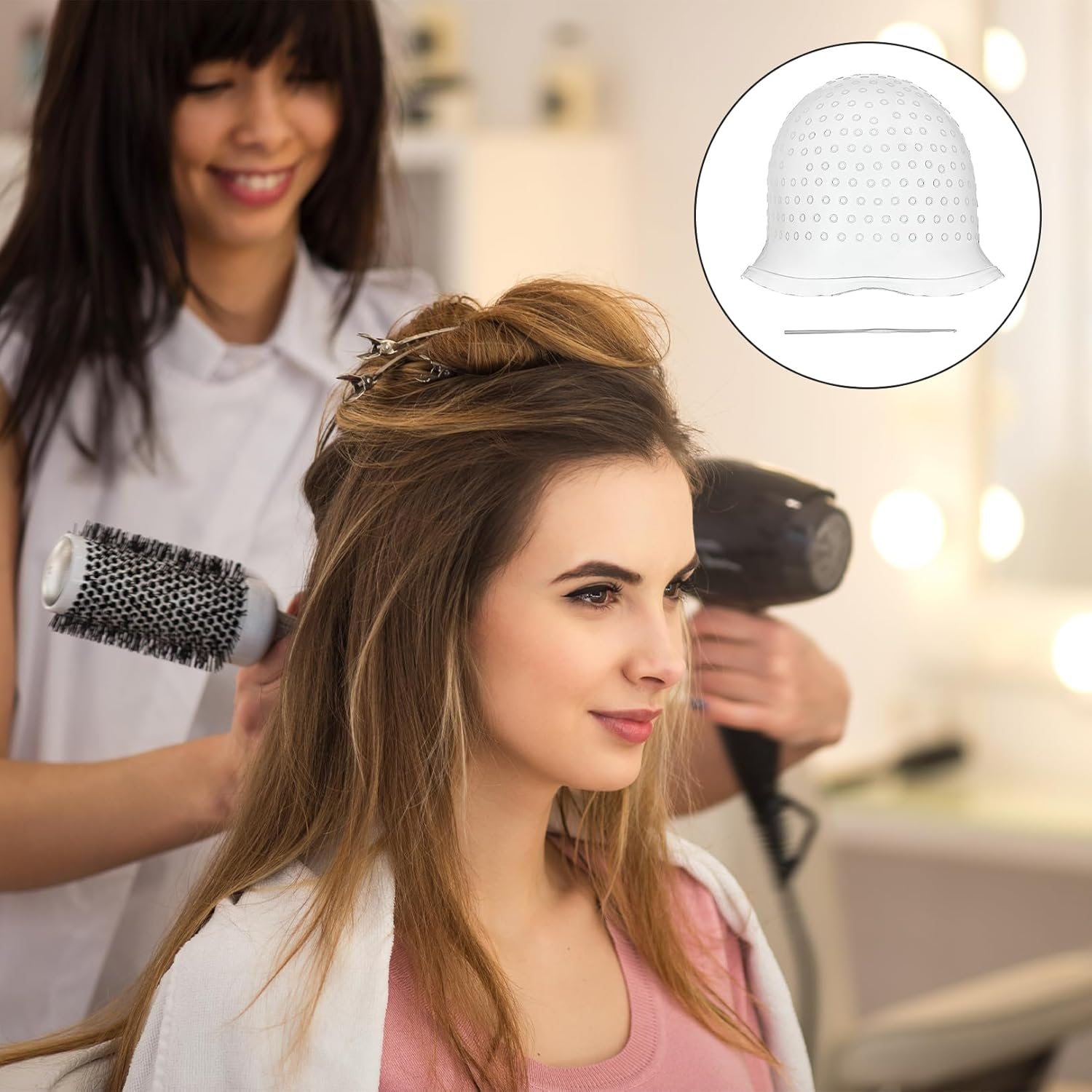 Hair Extension Hood for Strands Colour Highlighting Cap Set with Needle Balayage Set Blonde Strands image number 2