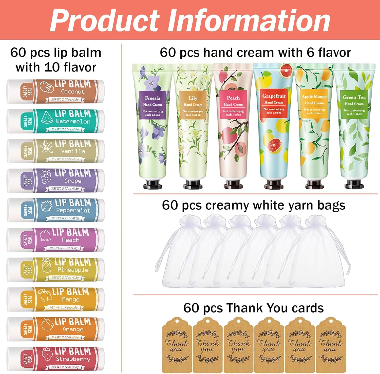 AZEN 60 Sets Bulk Gifts, Hand Cream and Lip Balm Bulk Set with Organza Bag Thank You Card, Baby Shower Wedding Gifts for Guests, Bridal Wedding Favors for Guests,Thank You Gifts for Women image number 3