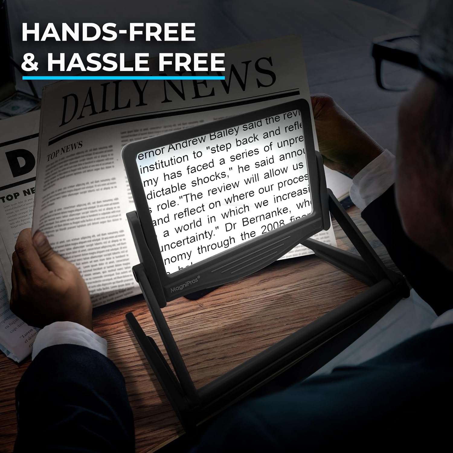 MAGNIPROS Patented 5X Large LED Page Magnifier with Detachable Stand | Eye Caring 3 Color Light Modes & Anti-Glare Lens to Reduce Eye Strain-Ideal for Reading Fine Print, Crafting, Low Vision Seniors image number 4