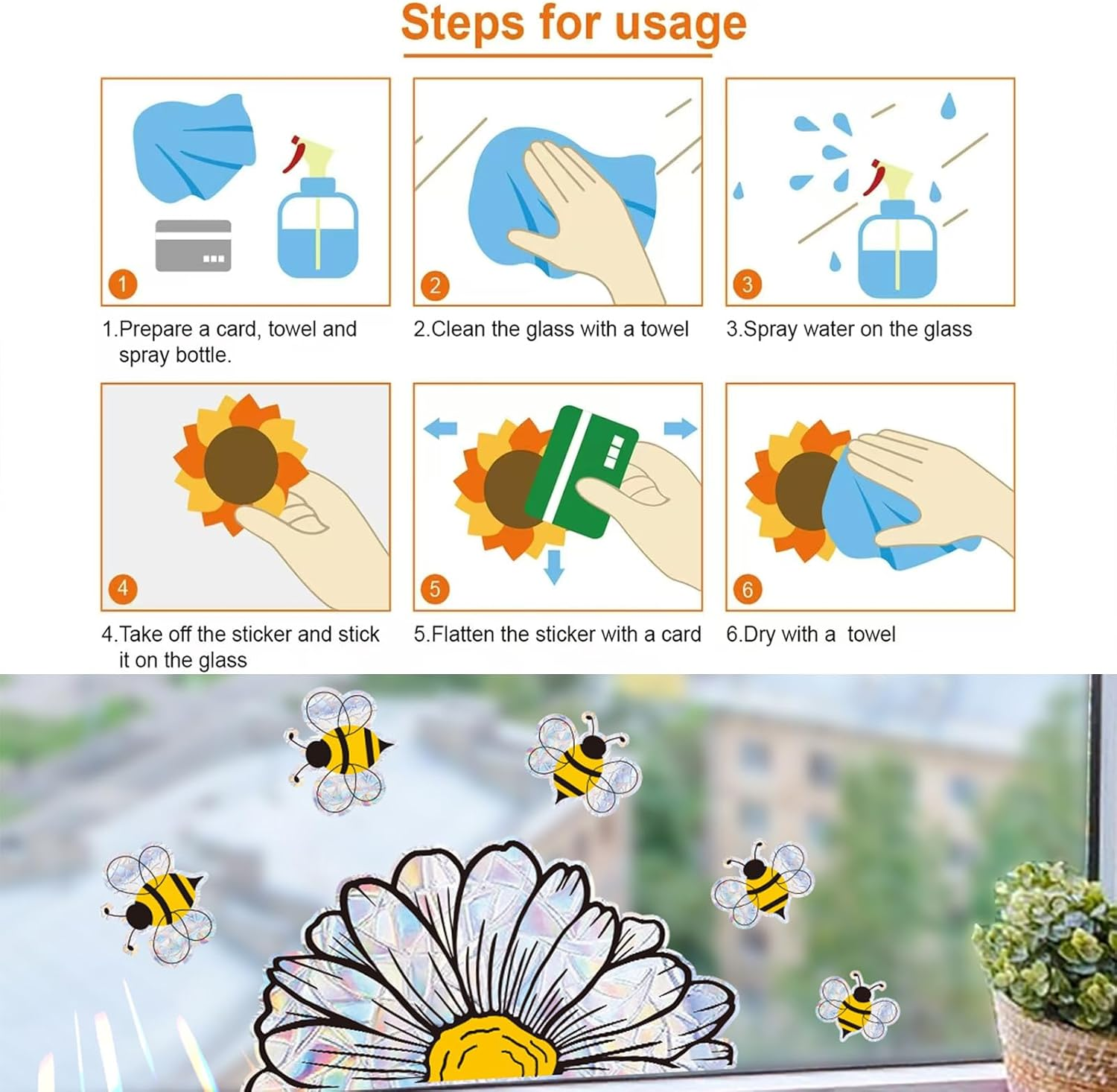 Bee and Sunflower Suncatchers Stickers Prism Glass Decor Anti-Collision Stickers for Birds Vinyl Window Clings Glass Decal for Home Mirror Sticker Flower Window Gels(Bee and Flower) image number 1