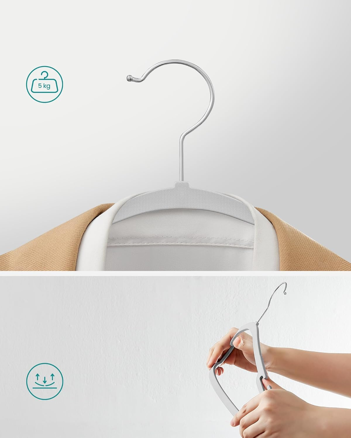 SONGMICS Coat Hangers, Pack of 30, Heavy-Duty Plastic Hangers, with Wide Shoulder Notches, Trousers Bar, 360&deg; Swivel Hook, Space-Saving, 41.6 X 21.4 Cm, for Wardrobe, Grey CRP065G01