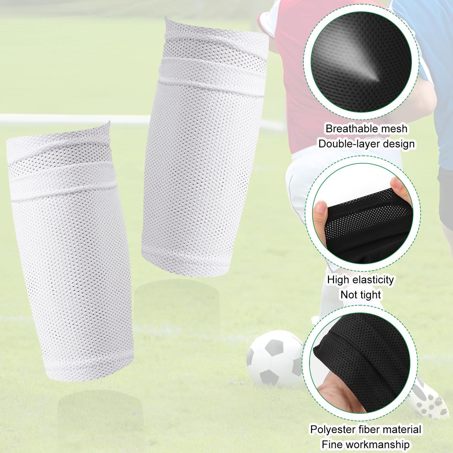 2 Pair Shin Pads Socks, Breathable Football Shin Pads Holders Soccer Shin Guard Socks Soccer Sock Sleeves Soft Calf Sleeves for Kids Adults Beginners (Black & White) image number 6