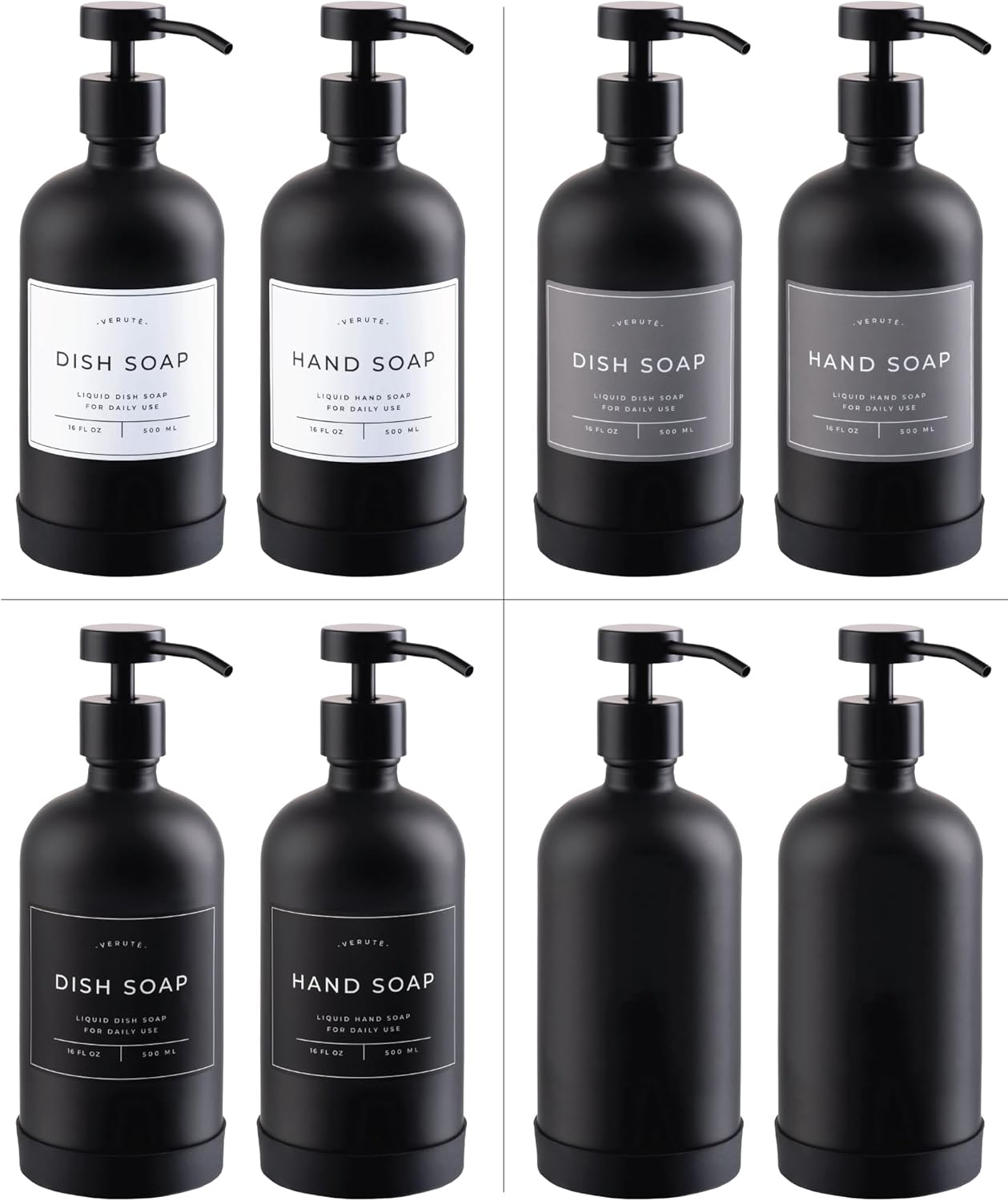 Verute 16Oz Glass Soap Dispenser with Stainless Steel Pump, 21 Waterproof Labels, Non-Slip Protective Silicone Pad, Set of 2 for Bathroom & Kitchen (Matte Black Bottle/Black Pump) image number 1