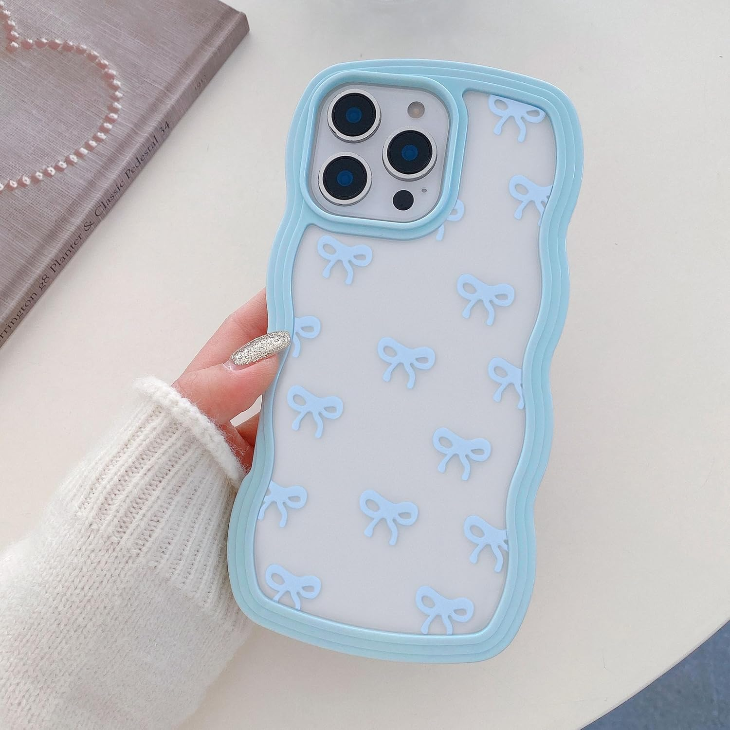 QLTYPRI Bow Case for Iphone 13/Iphone 14, Clear Cute Ribbon Bow Phone Case Curly Wavy Aesthetic Phone Case, Slim Soft Transparent Shockproof Protective Cover for Women Girls - White