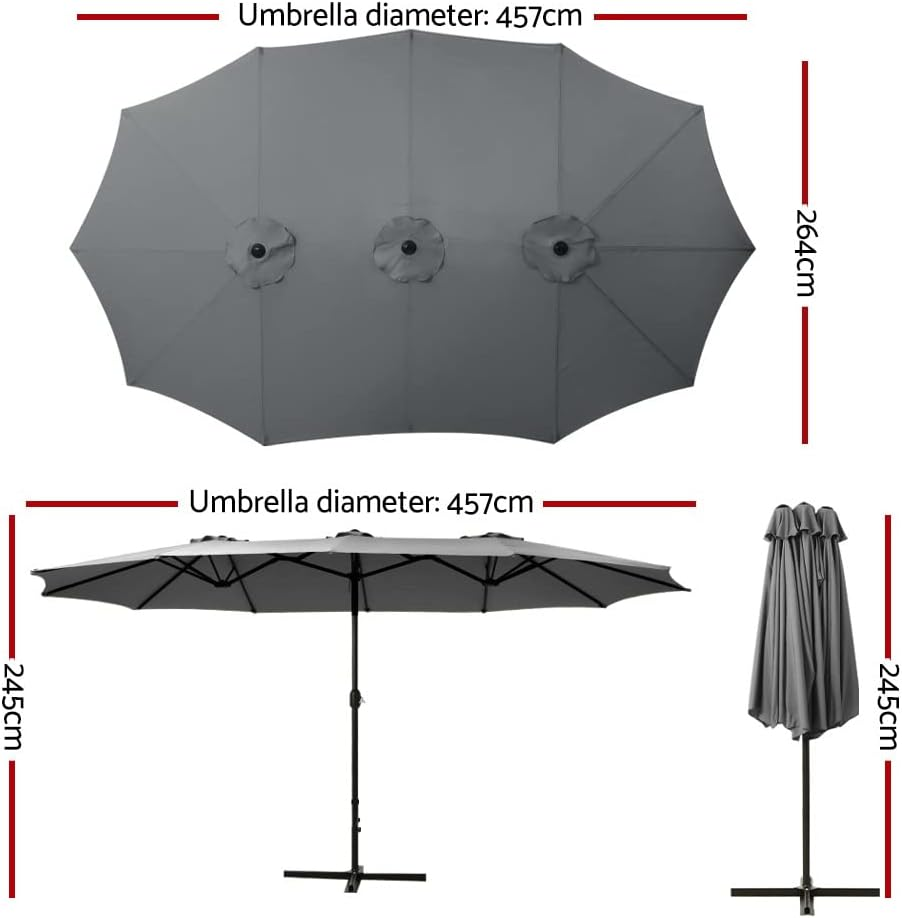 Instahut Outdoor Umbrella 4.57M Charcoal Pole Stand, Sun Beach Garden Patio Camping Tent Gazebo Canopy Double Shading, Water Resistant and UV Steel Frame - Black image number 2