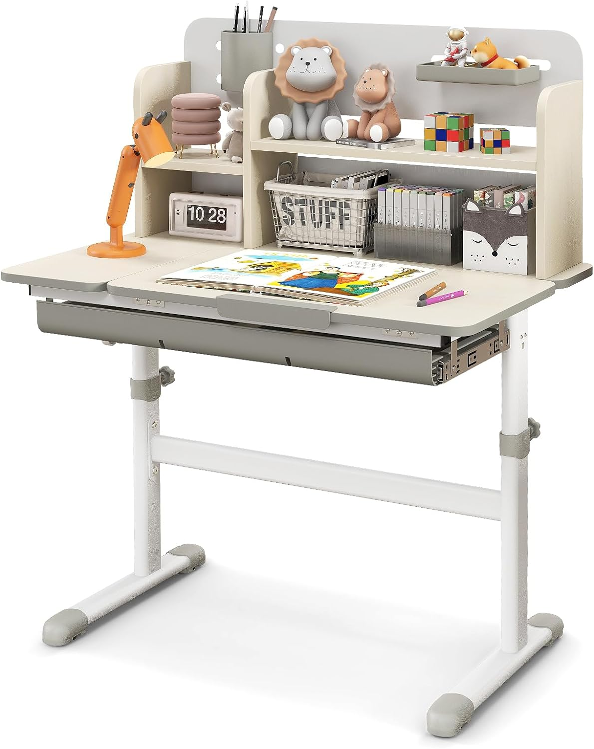 HONEY JOY Kids Study Desk, Height Adjustable Children Writing Table W/Tilt Desktop, Home School Student Learning Desk W/Hutch, Storage Drawer, Tray, Pen Holder & Scale Ruler for 3-12 Years, Grey
