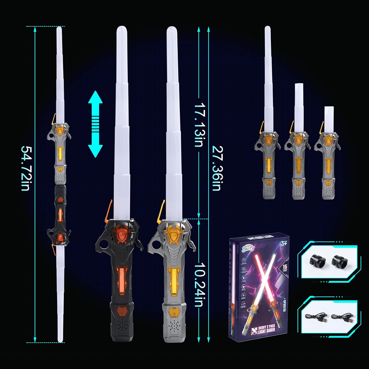 Skirfy Light Saber,2 Pack Lightsabers Sword for Kids with FX Sound & 16 Colors,2 In1 LED Lightsaber Toy,Retractable Lightsabers,Halloween Dress up Party Gift,Black & Grey image number 3