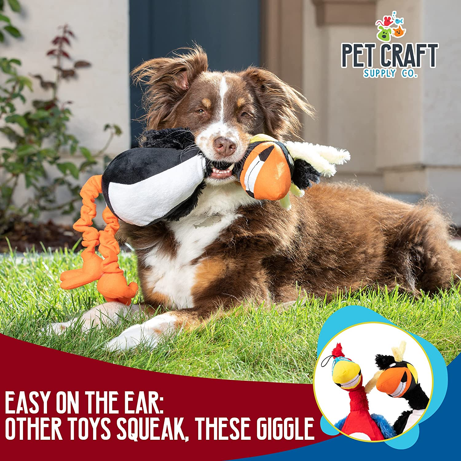 Pet Craft Supply Giggling Puffin & Parrot Multi Pack Interactive Dog Toys with Sound for Large Breed and Small Dogs Soft Chew Plush Dog Toy, Red Black image number 1