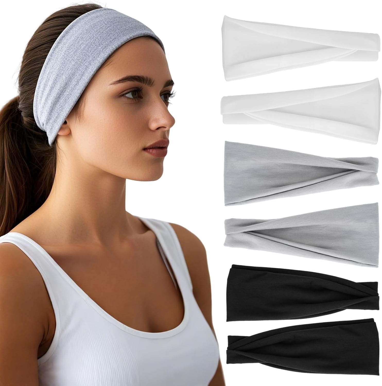Headband, 6Pcs Sweatband Set for Women, Sweat-Wicking Soft Breathable & Skin-Friendly Hair Bands, Lightweight Stylish Hair Accessories for Workout, Gym, Yoga, Running, Sports, Fitness - Multicolor 1