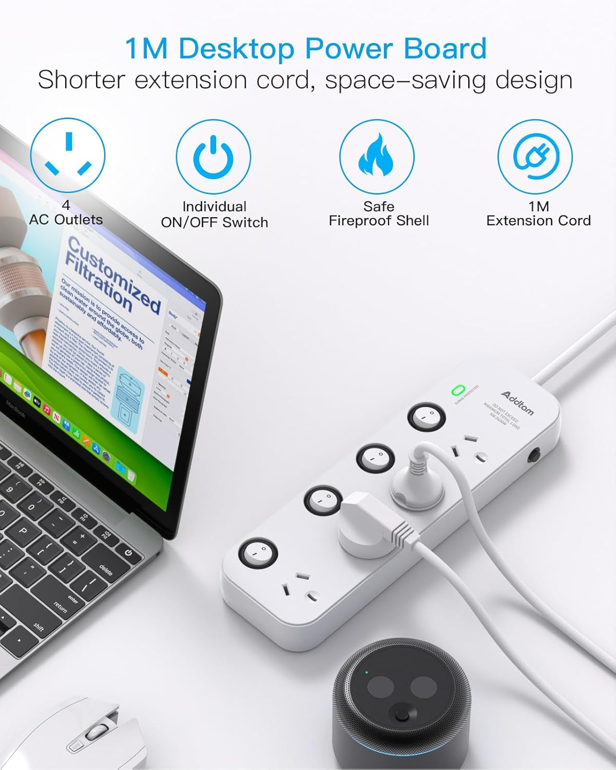 Power Board Surge Protected with Individual Switch, Powerboard with 4 Wide Spaced AC Outlets, 1M Extension Cord for Home Office Desk, Overload Protection, 350 Joules image number 4