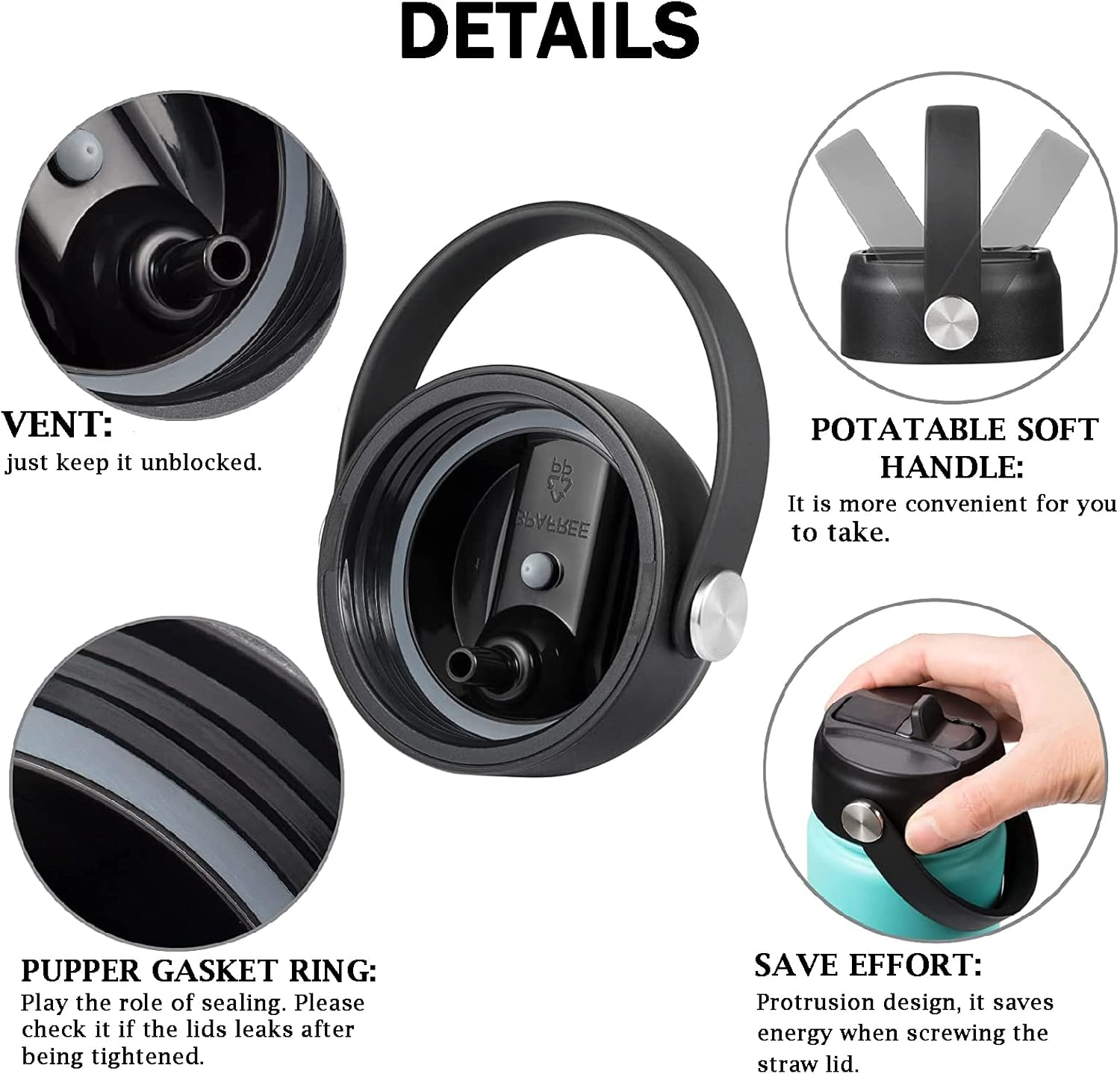 Straw Lid for Hydro Flask, Lids with Straw Compatible with Hydro Flask Wide Mouth 12/18/20/32/40 Oz Water Bottles, Leak-Proof Drinking Cap with Replacement Straw, Durable Sport Bottle Lid Accessories image number 3