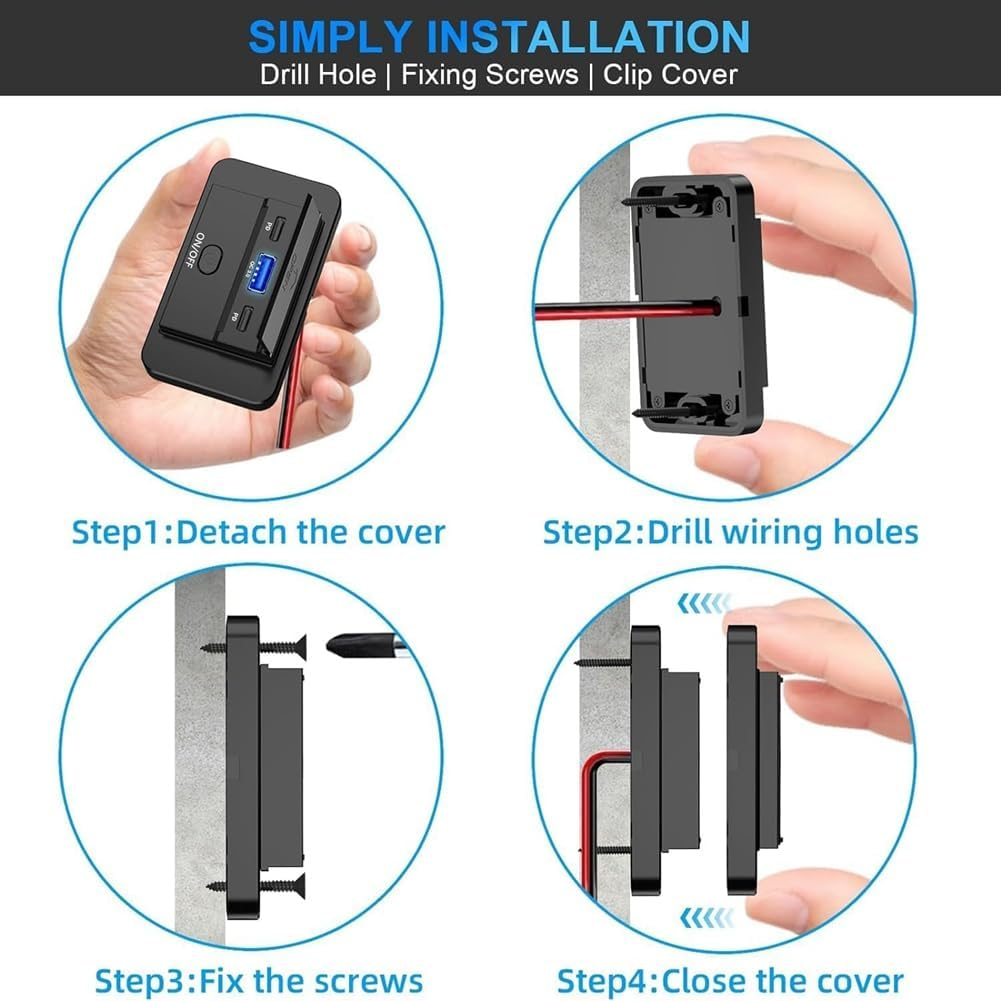 2PCS 3 Ports 12V RV USB Outlet 90W, Dual PD3.0 Type-C Quick Charge 72W & USB QC3.0 18W Panel Wall Mount Easy Install Easy to Use image number 5
