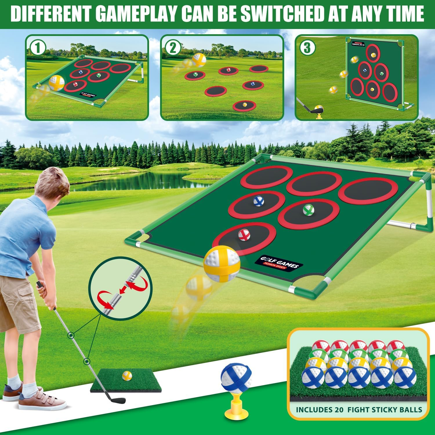 Mostop Golf Chipping Game Set - Backyard Cornhole Game Includes Putting Mat, 20 Sticky Balls, 6 Hole Covers, Club, Carrying Bag - Golf Target Yard Games for Golfers Indoor Outdoor, Dad image number 2