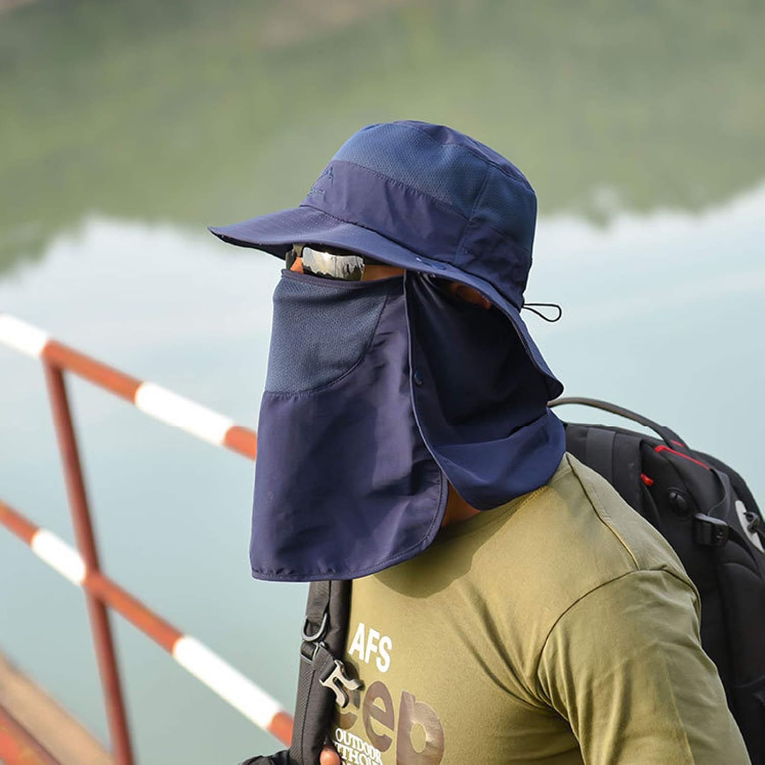 Fishing Hat for Men & Women, Outdoor UV Sun Protection Wide Brim Hat with Face Cover & Neck Flap - Black image number 7