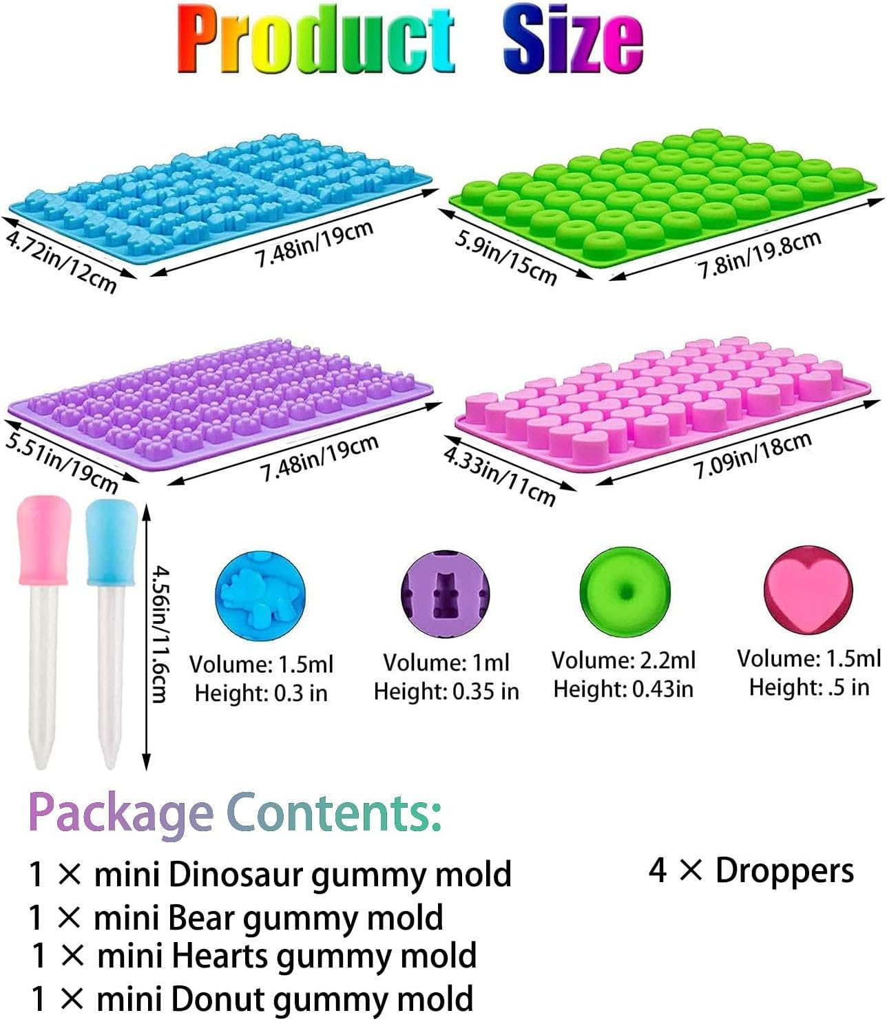 Gummy Bear Mold, WADY 4Pcs Gummy Bear Candy Molds Silicone,Gummy Molds with 4 Droppers,Non-Stick Silicone Candy Molds Including Mini Dinosaur,Bear Shape,Hearts and Mini Donut Forjelly,Candy, Chocolate image number 2