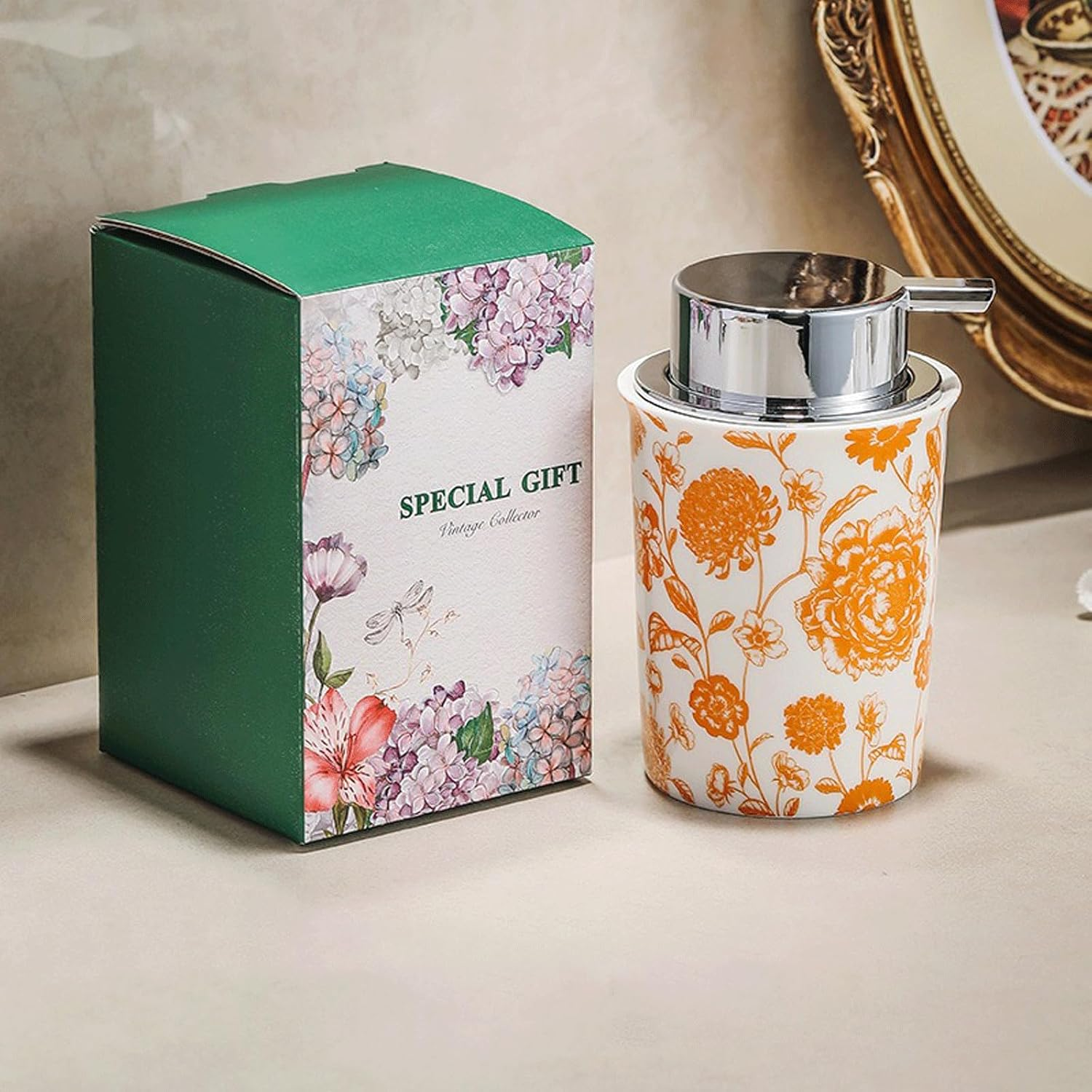 Countertop Soap Dispensers Foam Soap Dispenser with Gold Pump Vintage Ceramic Foaming Pump Bottle for Bathroom Refillable Hand Soap Foam Dispenser for Kitchen Liquid Hand Soap Dispenser image number 2