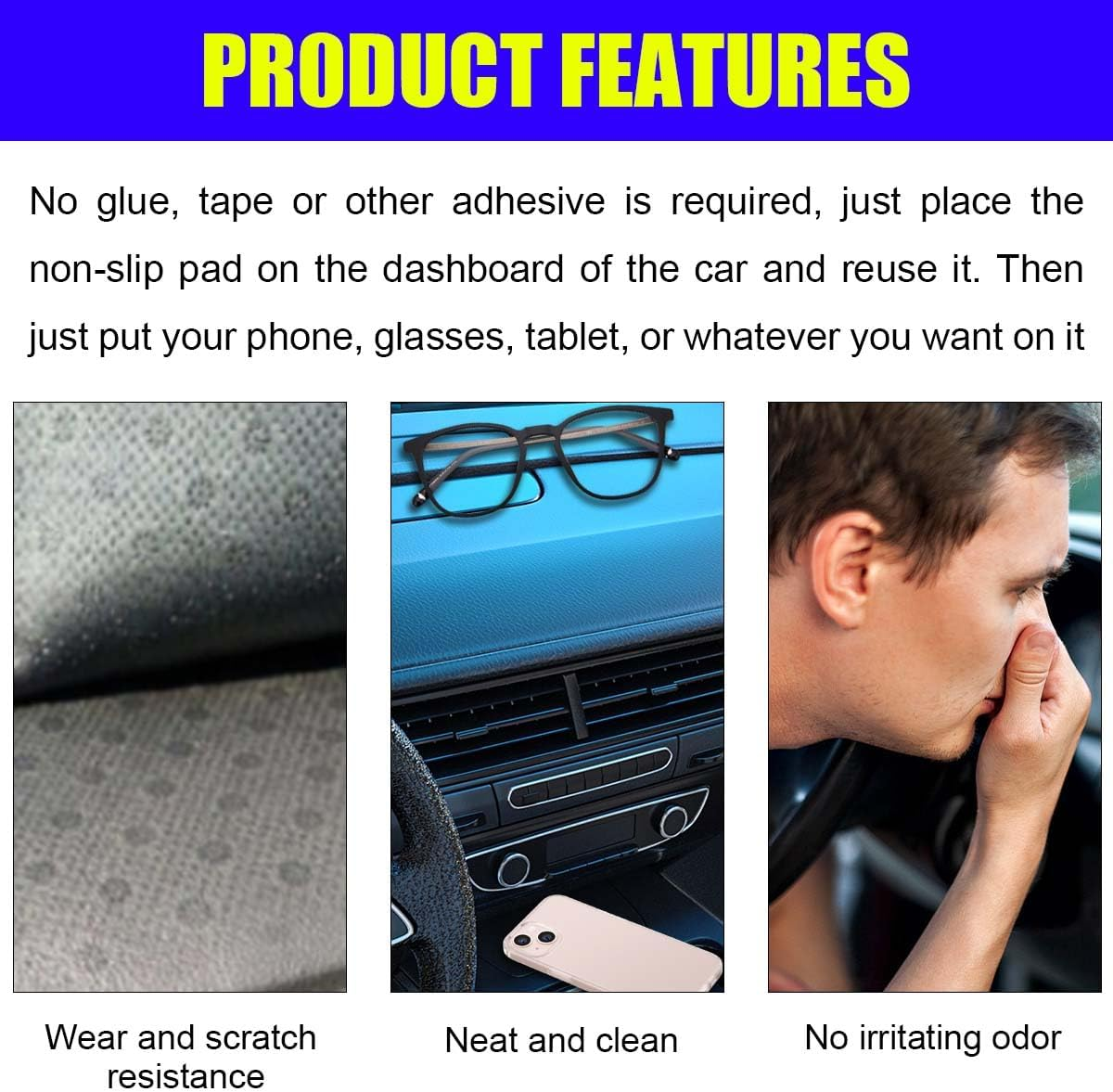 Car Dashboard Anti-Slip Silicone Pad, 10'' X 6'' Black Grid Sticky Adhesive Mat, Car Grasping Pad, Multifunctional Gripping Mat for Phones, Keys, Sunglasses, Coin, Electronic Devices (27&times;15 CM)