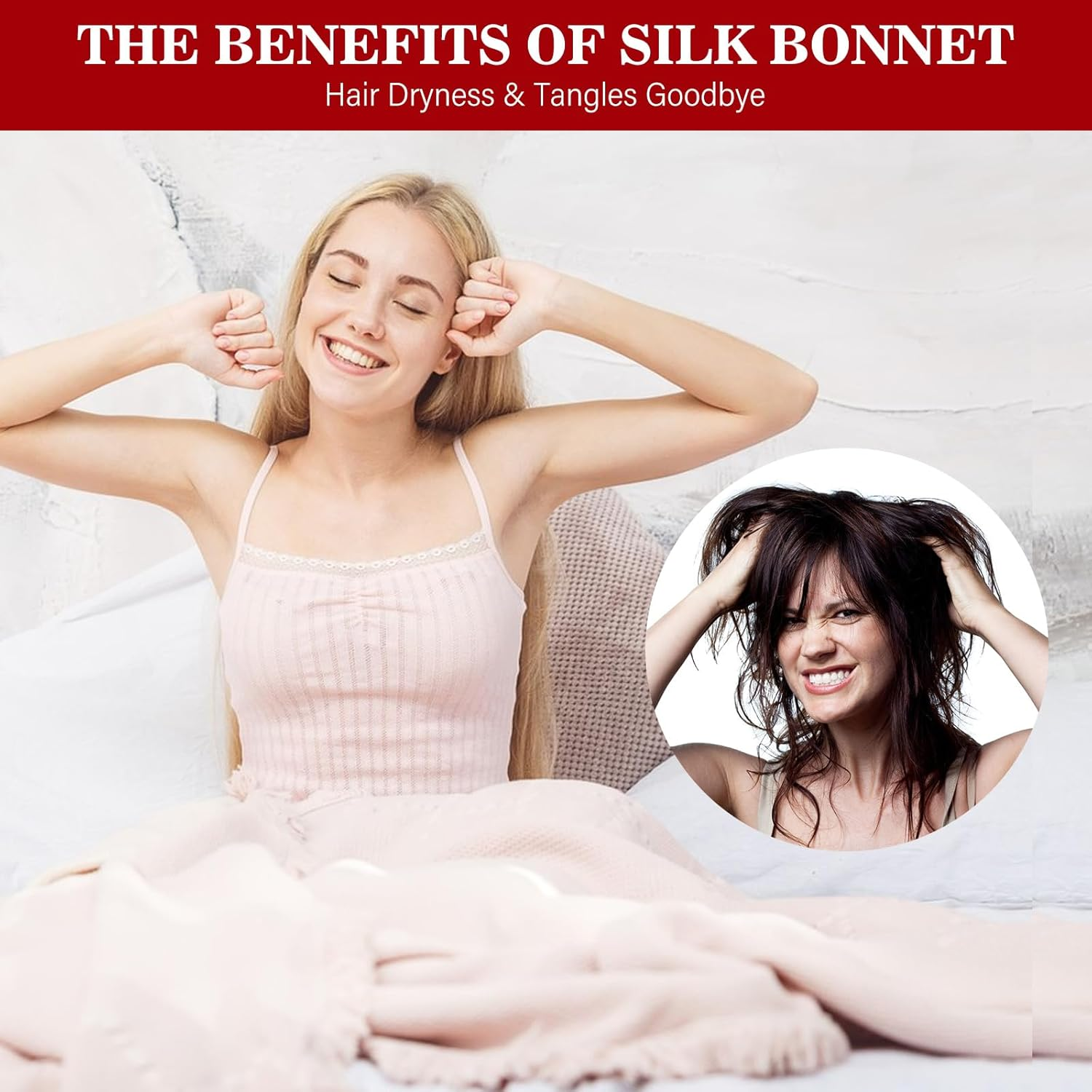 Abeillo Silk Sleep Bonnets for Women, 1PC Adjustable Satin Night Sleeping Cap Soft Elastic Band Silk Bonnets for Sleeping, Hair Bonnet with Tie Band for Curly Hair Braid Women (Wine Red) - Champagne image number 3