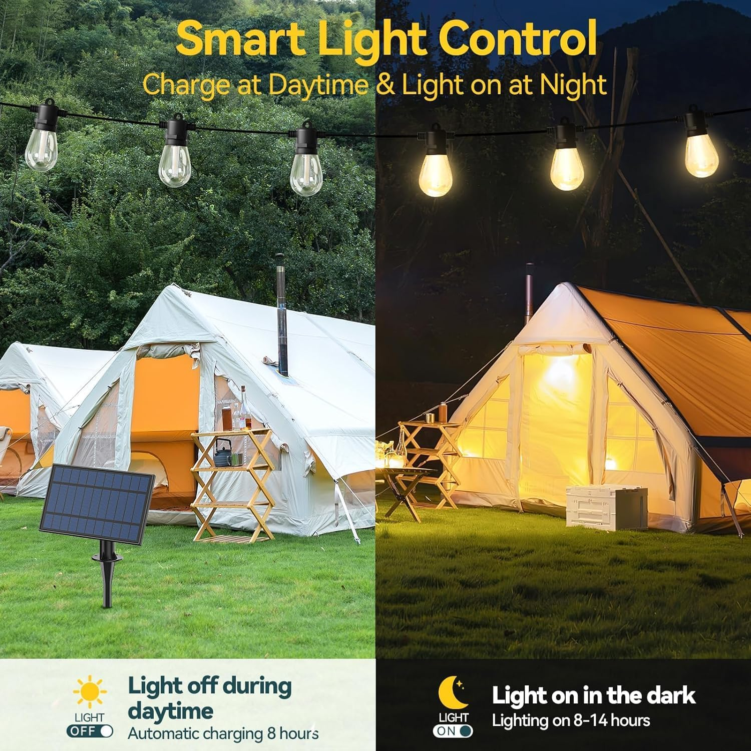 Roshin Solar Lights Outdoor 15M 25 Bulbs(49Ft) - Bright Solar Festoon String Lights Outdoor with IP65 Waterproof Shatterproof for Backyard, Garden, Yard, Camping, Party, Christmas (S14) image number 3