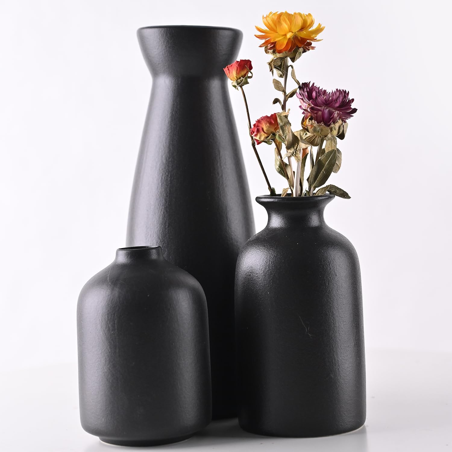 Black Ceramic Vase Set-3 Small Flower Vases for Decor Boho Vase Distressed Farmhouse D&eacute;cor, Pottery Decorative Flower Vase for Home Decor, Table, Living Room Decor, Idea Shelf