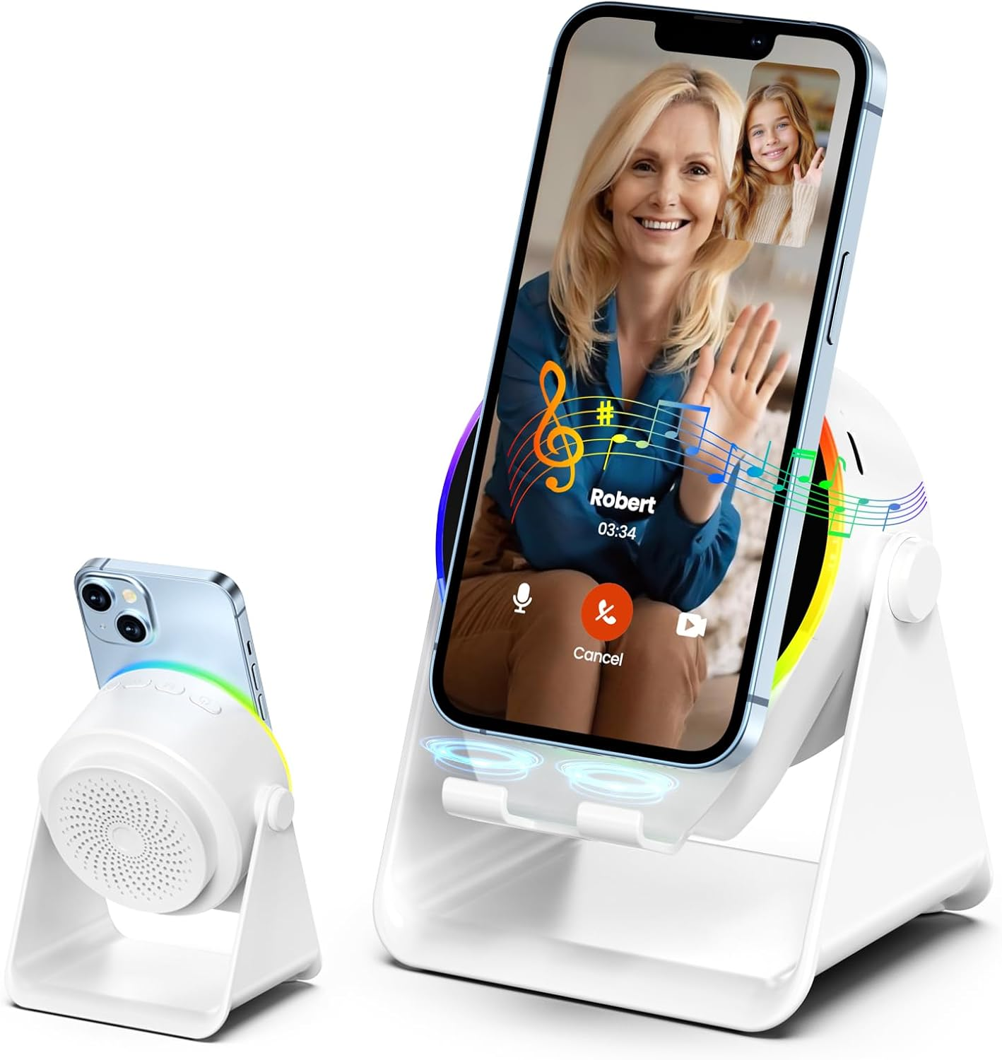 Wireless Induction Speaker, Cell Phone Stand with Bluetooth Speaker, Stereo Sound, RGB Ambient Light, Phone Holder Compatible with Iphone/Ipad/Android/Samsung Galaxy (Pink)