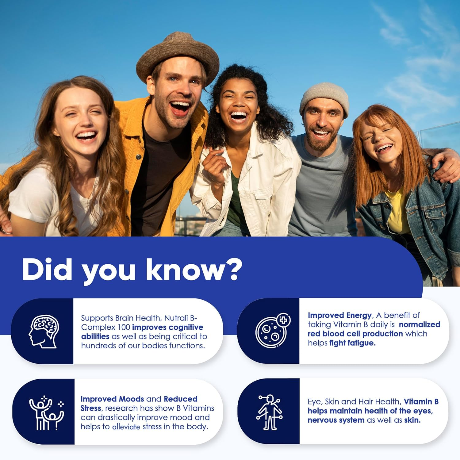 NEW B-COMPLEX 100 High Potency Capsules, 9 Complete B Vitamins - B1, B2, B3, B5, B6, B7, B9, B10, B12 for Men and Women, Reduced Stress, Improved Immune Support, Hair, Skin, Nail & Eye Health, and Brain Function &ndash; Gluten Free, Non-Gmo, Vegan - (1 Pack) 60 Capsules image number 3