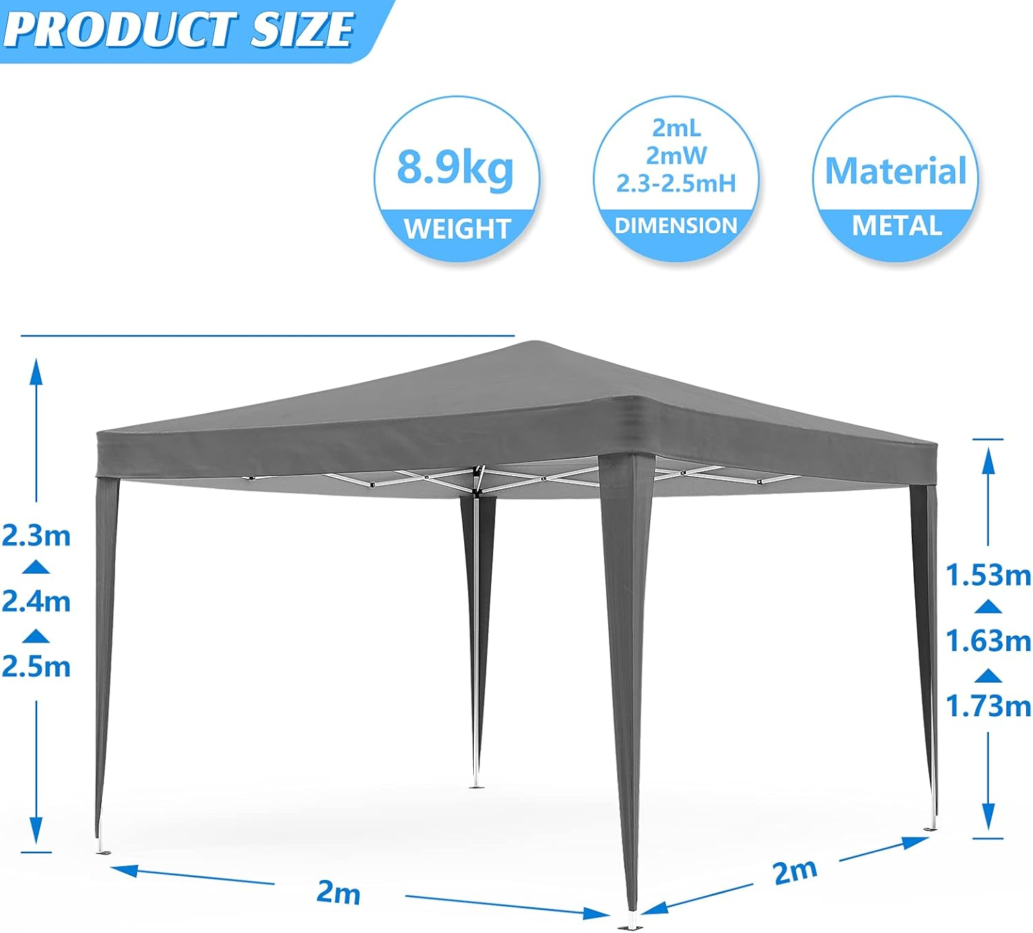 Advwin 2X2 Pop up Canopy, Portable Marquee, Waterproof Commercial Tent, Grey Folding Gazebo for Outdoor Events, Markets, Camping, Beach, Backyard, Festivals - Grey-2X2M image number 2