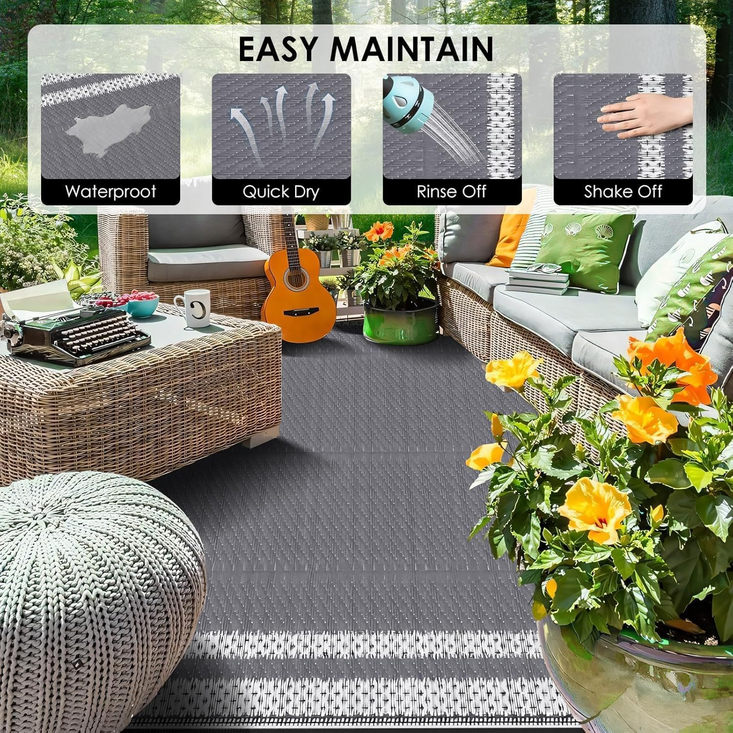 Large Waterproof Outdoor Rug for Patio, 152&times;244Cm Reversible Mat, Plastic Camping Rug for RV, Porch, Deck, Camper, Balcony, Backyard. (Bohemia, 152&times;244Cm) image number 6