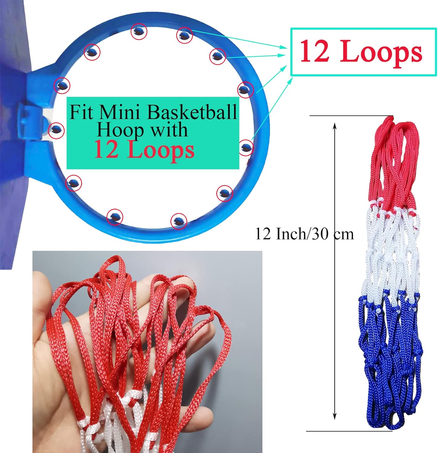 Small Net Replacement for 12 Loops Mini Basketball Hoop, 8"-10.25" Rims, All Weather anti Whip image number 5