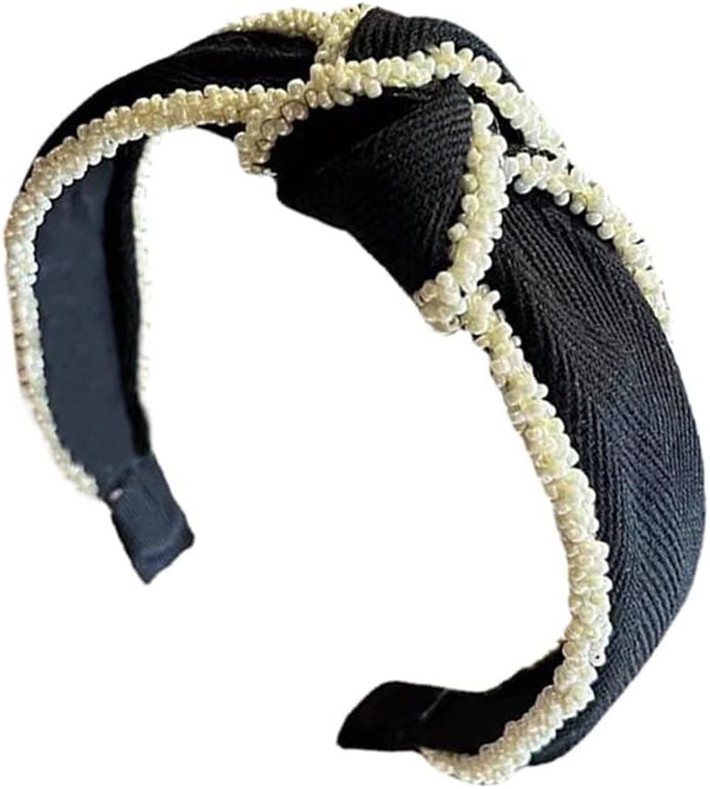 Boho Bow Tie Knotted Fabric Headbands Knotted Hair Bands Elastic Fabric Headgear Vintage Flower Headband Turban Headband for Women (Beadde) 2 Pieces - Cashewred image number 3