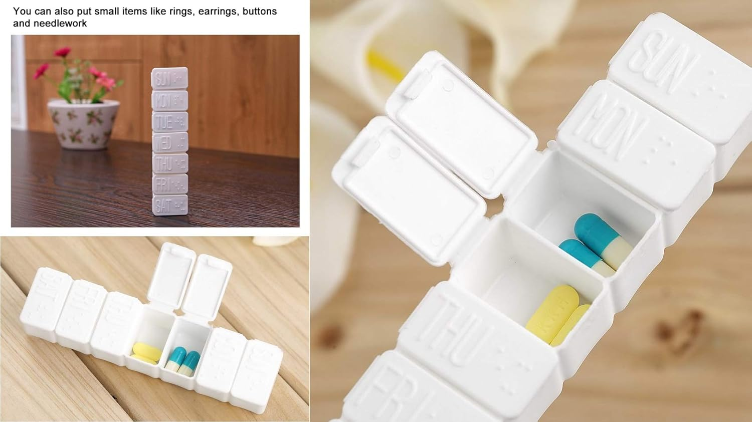 Weekly Pill Organizer, Portable 7 Day Pill Box, Travel Medicine Organiser, Compact Pill Case with Big Letters & Braille Symbol, Daily Pill Dispensers & Reminders for Vitamins, Fish Oils, Supplements (2 PCS Pocket Size, White) image number 3