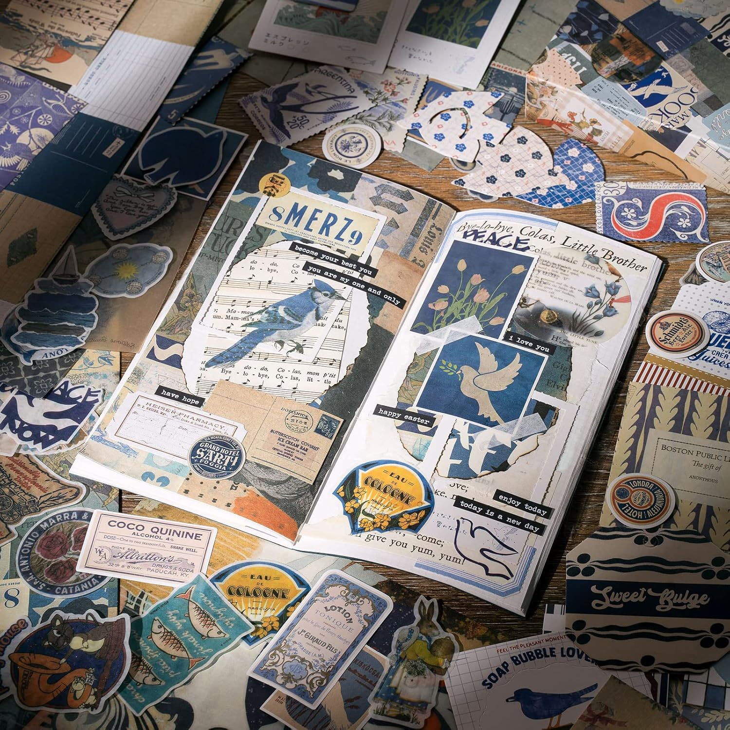 JOYCHOIC Vintage Scrapbooking Supplies Aesthetic Journaling Kit, Scrapbook Papers Quote Stickers TN Notebook Large Collection for Bullet Junk Journal, Planner DIY Arts Craft Collage, Beginners - Blue image number 5