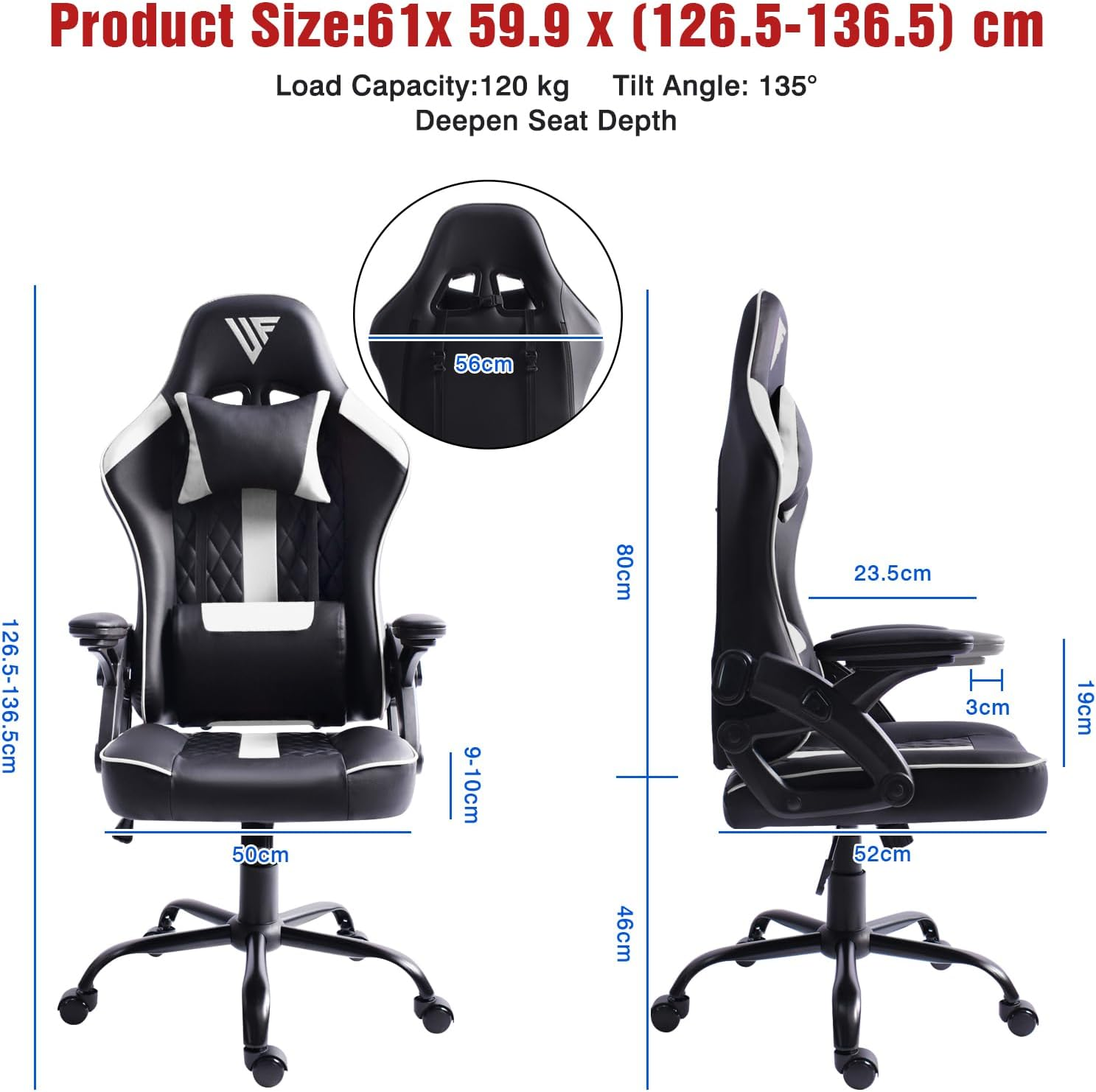 Advwin Gaming Chair with Adjustable Backrest,Armrest,Headrest,Height Adjustable Ergonomic Executive Office Chair with Wider Seat,135&deg; Recliner Racing Chair,360&deg;-Swivel,Black& White - Blackwhite image number 4