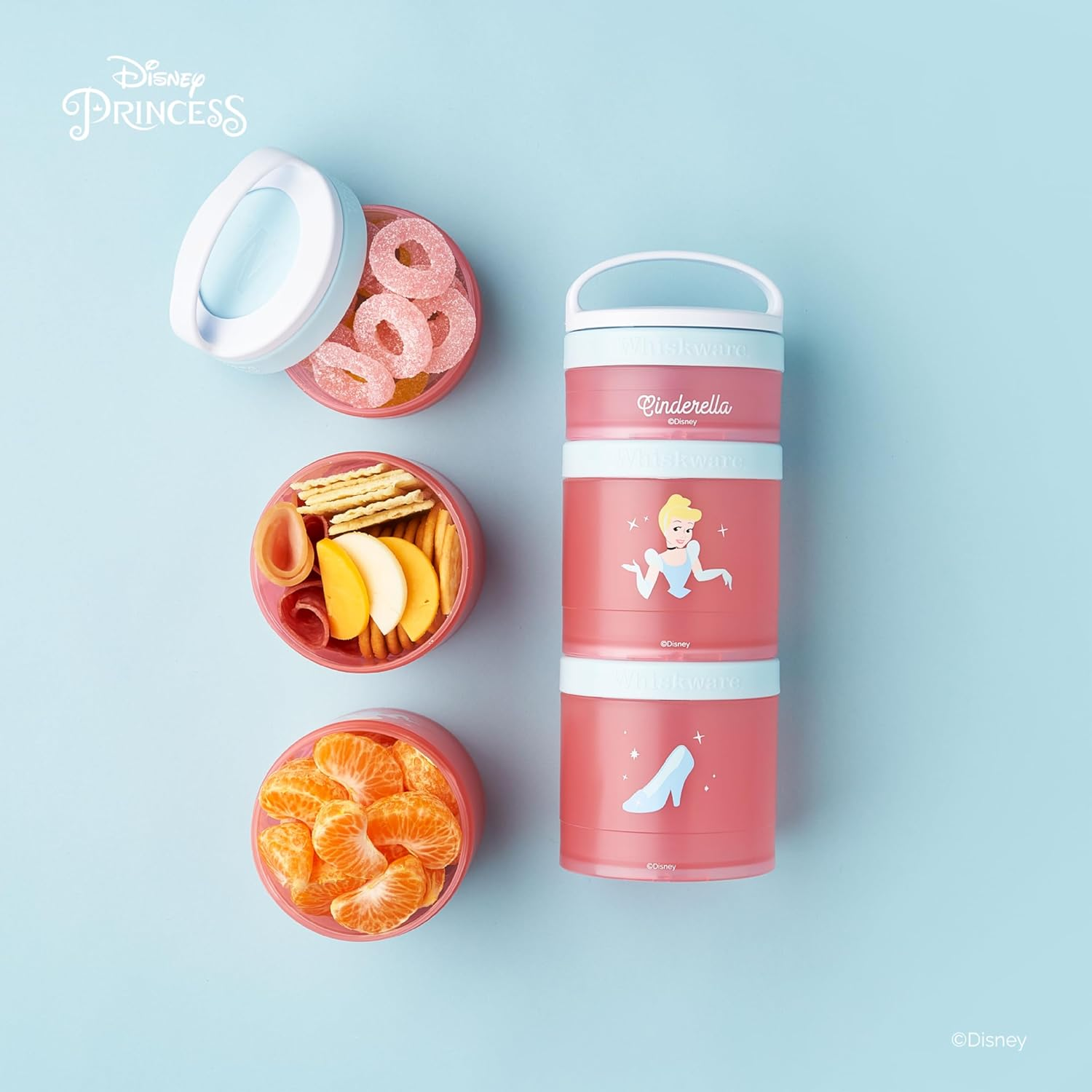 Whiskware Disney Princess Cinderella, Stackable Snack Containers for Babies, Kids, and Toddlers, 3 Stackable Snack Cups for School or Travel, Backpack and Cupholder Friendly, Glass Slipper image number 1