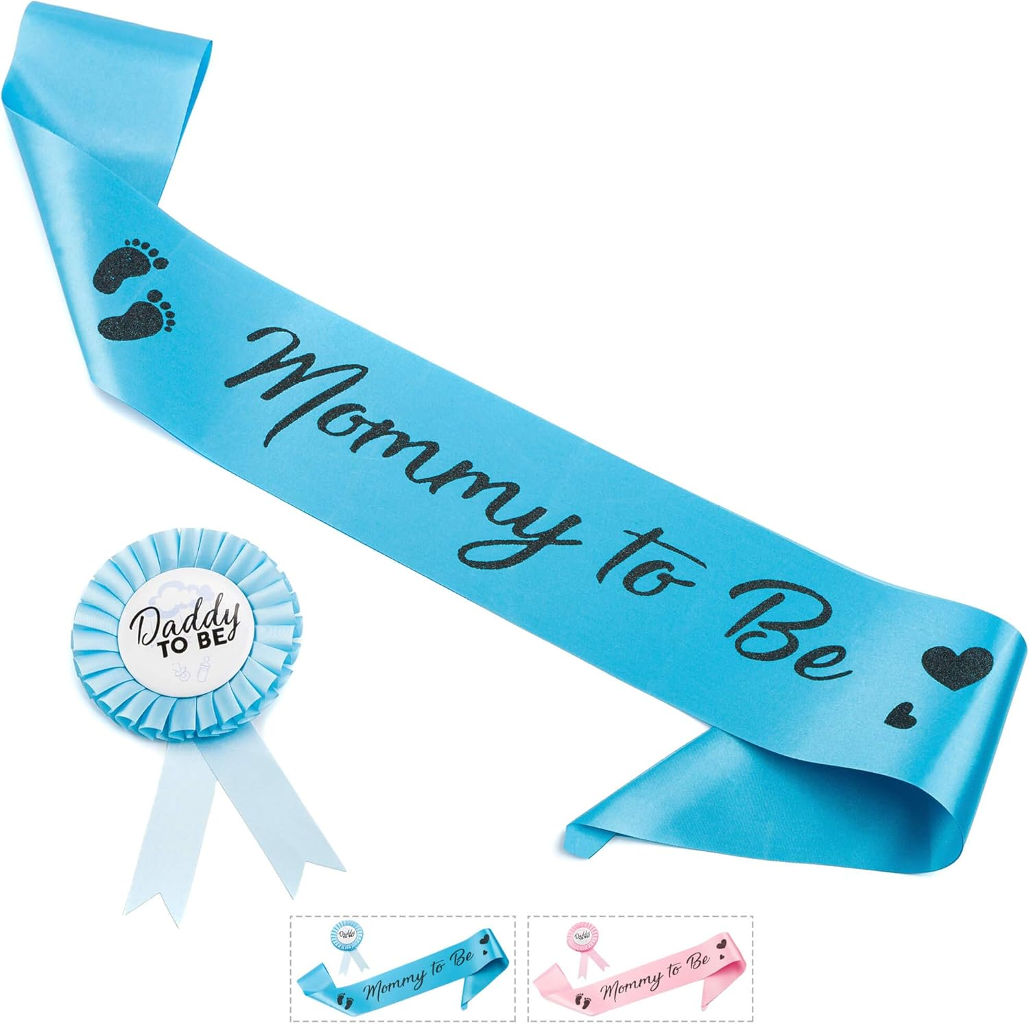 CORRURE Baby Shower Sash and Button Pin for Girl - 'Mommy to Be' Sash and 'Daddy to Be' Pin with Beautiful Pink Ribbon and Black Foil Text - Ideal Mom and Dad Gender Reveal/Baby Shower