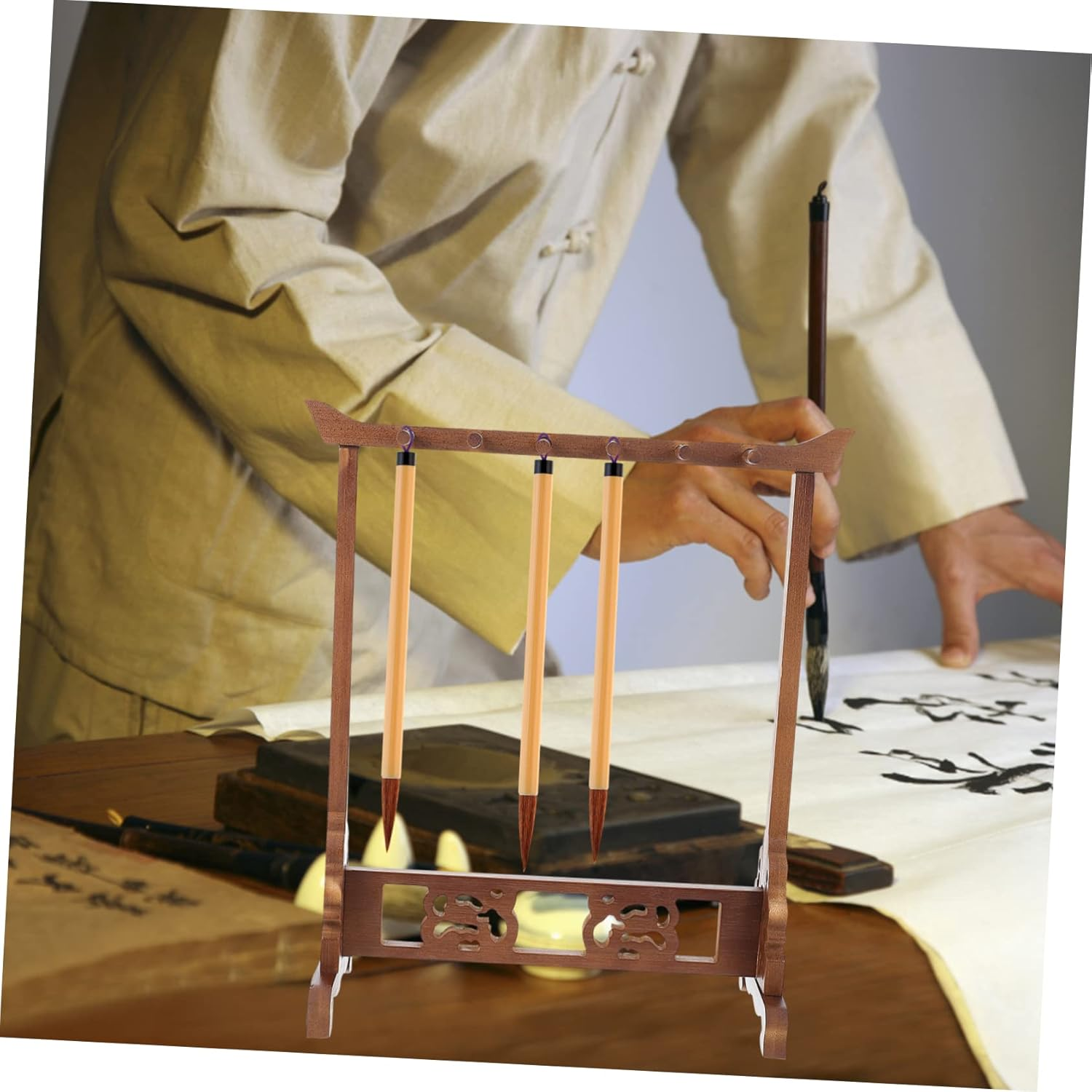 KICHOUSE Creative Nan Bamboo Brush Pen Rack and Holder Desktop Organiser for Students Calligraphy Storage Vintage Style Small Decorative Stationery Accessory image number 6