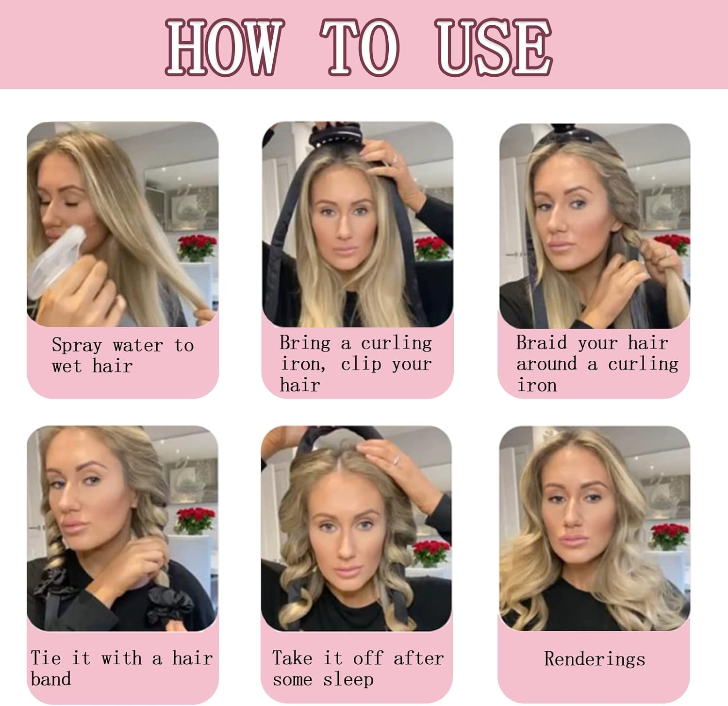 Fashion Colour Heat Free Curling Iron Headband with Hair Clips and Hair Scrunchie No Heat Hair Rollers for Sleeping Overnight Adjustable Wave Curling Iron Kit for Long Hair Yellow (Pink) image number 5