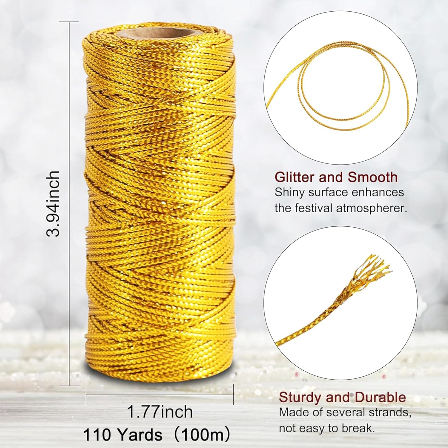 110 Yards 1.5Mm Metallic String Twine - Premium Decorative Gold Cord for Baking, Crafts, DIY Tags, Gift Wrapping, Ornaments Hanging, Christmas Decorations, Wedding & Party Decor (Gold) image number 1