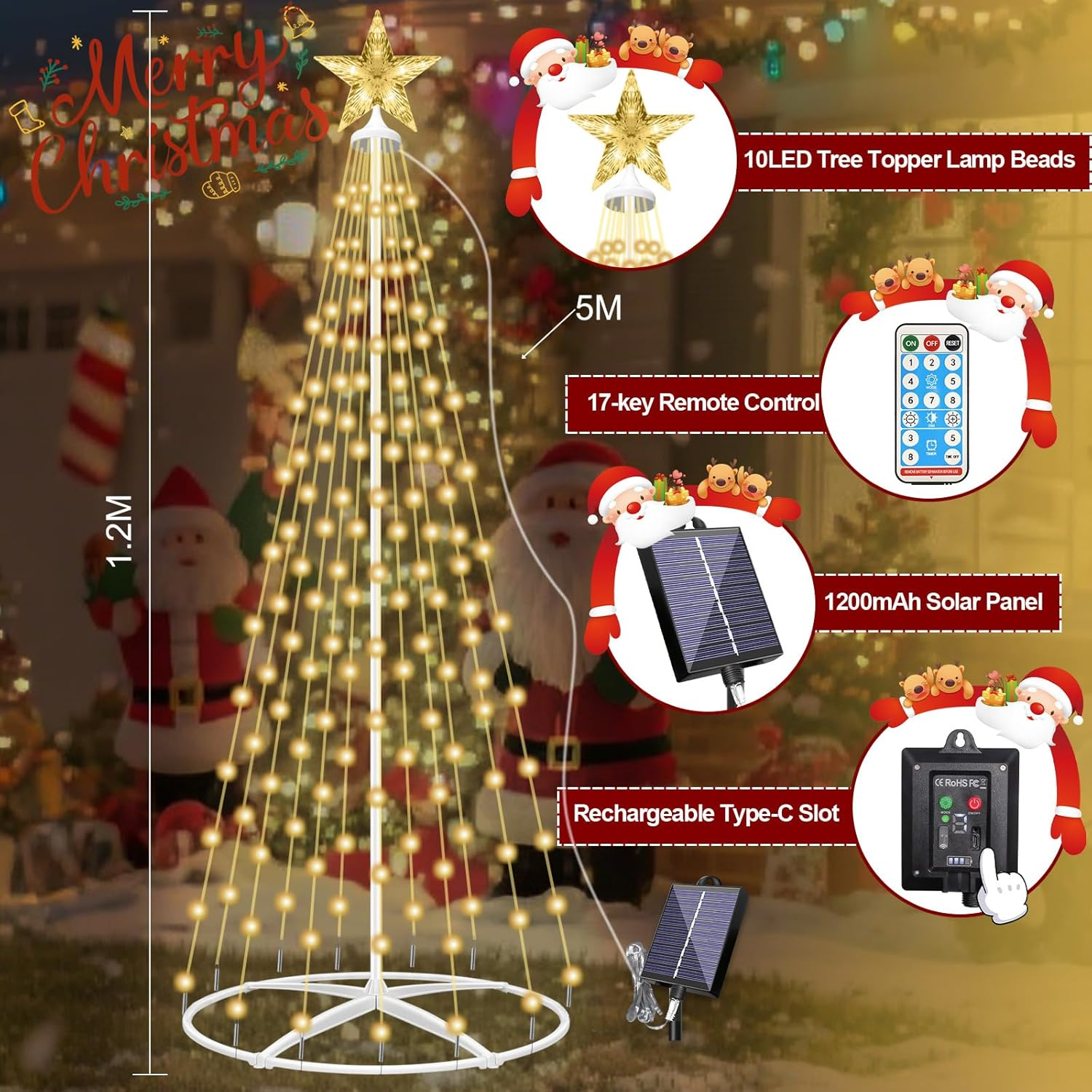 HELESIN 1.2M 154 Leds Solar Christmas Cone Tree Light Outdoor, Christmas Decorations Outdoor,8 Lighting Modes Christmas Lights with Remote for Home Yard Garden Lawn Holiday