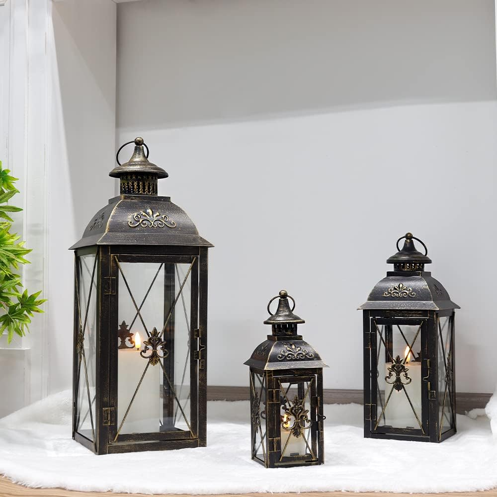 TRIROCKS Set of 3 Decorative Hanging Lantern 19'' High Vintage Metal Candle Holder with Clear Glass Perfect for Living Room Garden Yard Patio Parties Events Indoors Outdoors (Black) image number 5