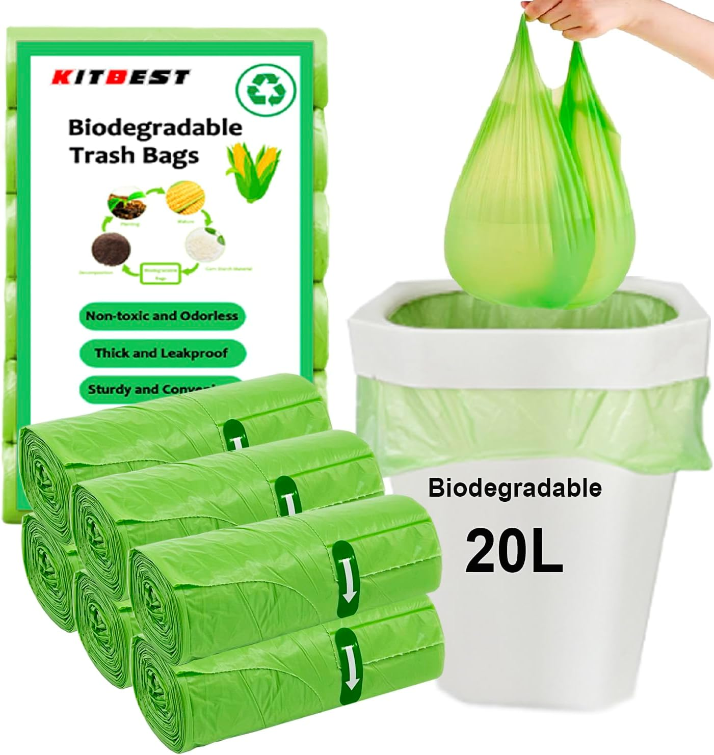 Kitbest Biodegradable Bin Bags Liners 120PCS, 10L Small Food Waste Bags Trash Bags with Handle, Green Caddy Liner Pedal, Compostable Swing Garbage Bags Bathroom Office Toilet Kitchen (45X59Cm)