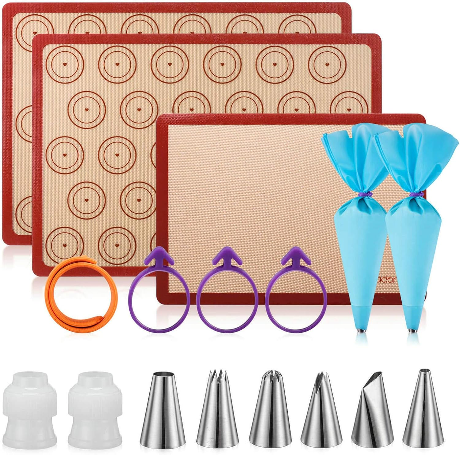 Silicone Baking Mat Macaron Mat Kit(14Pcs Set) Macaroon Baking Mat Set of 2 Half Sheet Macaron Silicone Mat Nonstick Macaron Mat Sheet,6 Piping Tip,2 Piping Bag with 2 Bag Half Quarter Sheet Brown+Purple