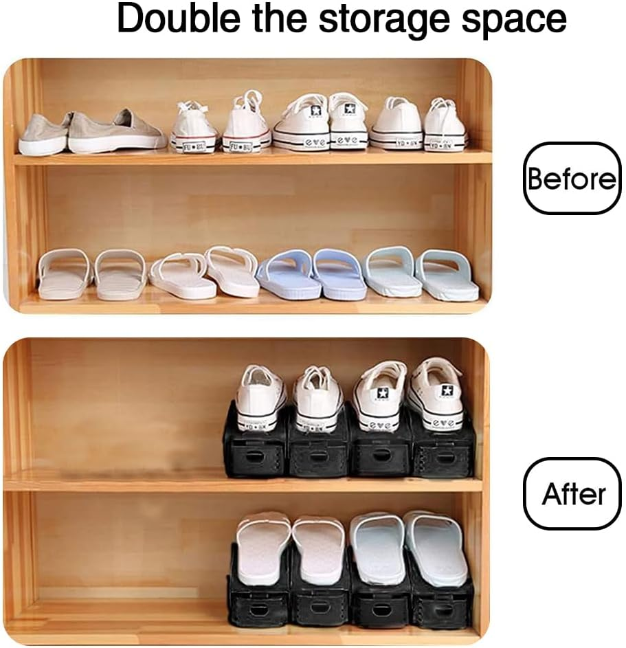 Shoe Slots Organizer Adjustable Shoe Stacker Storage Space Saver 4 Level Double Plastic Shoe Rack Living Room Shoe Storage Cabinet Rack Holder (Black) image number 3