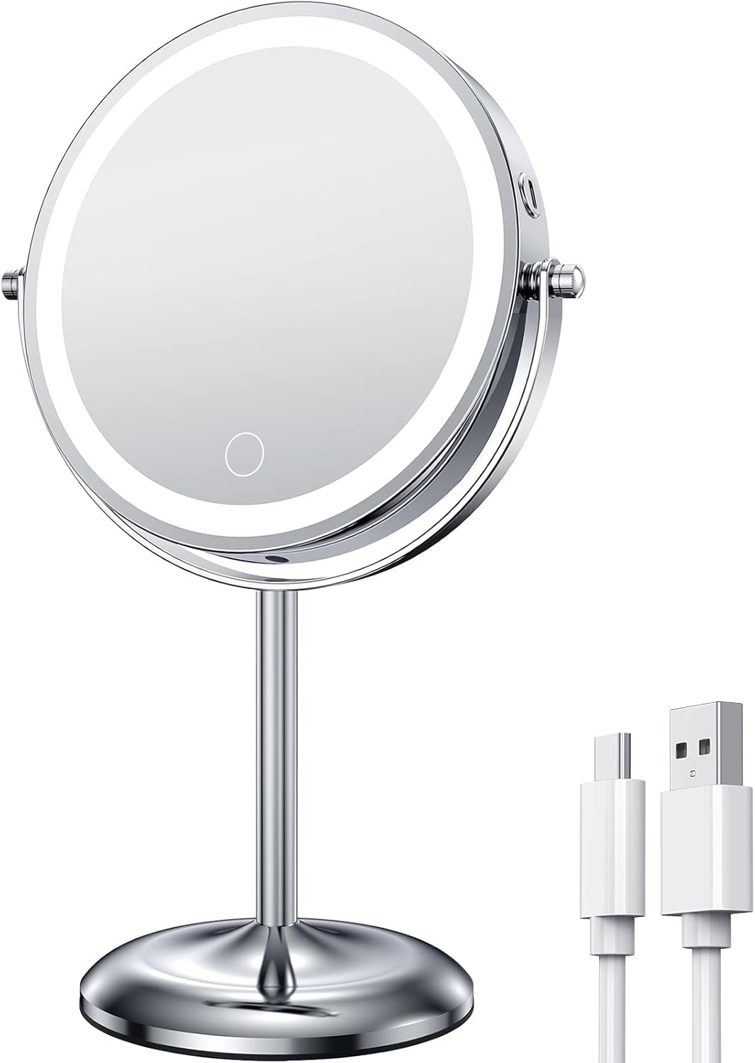 Gospire 7" Lighted Makeup Mirror with Magnification 10X/1X, Height Adjustable & 3 Color Dimmable Lights, 360&deg; Swivel Double Sided Light up Rechargeable LED Cosmetic Vanity Cordless Standing Mirror
