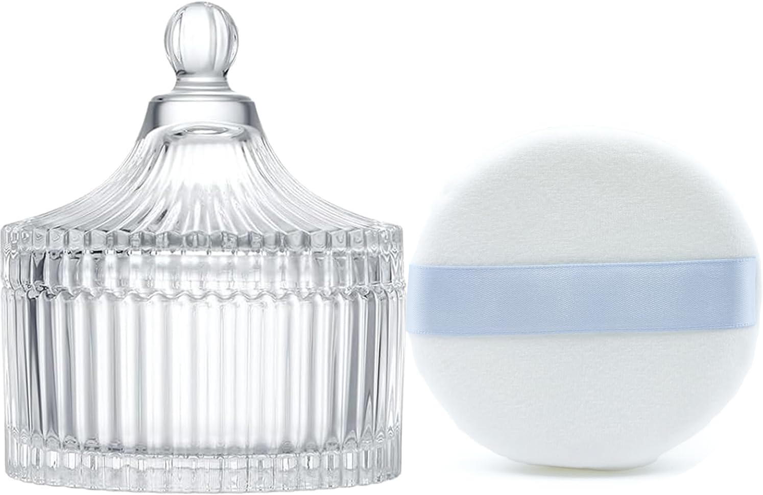 Ultra Soft Powder Puff and Container 3.3" High Density Velvet Dusting Washable Reusable Powder Puff,Body Powder Puff and Glass Jar Holder Loose Powder Box with Puff for Face Makeup(Gray)