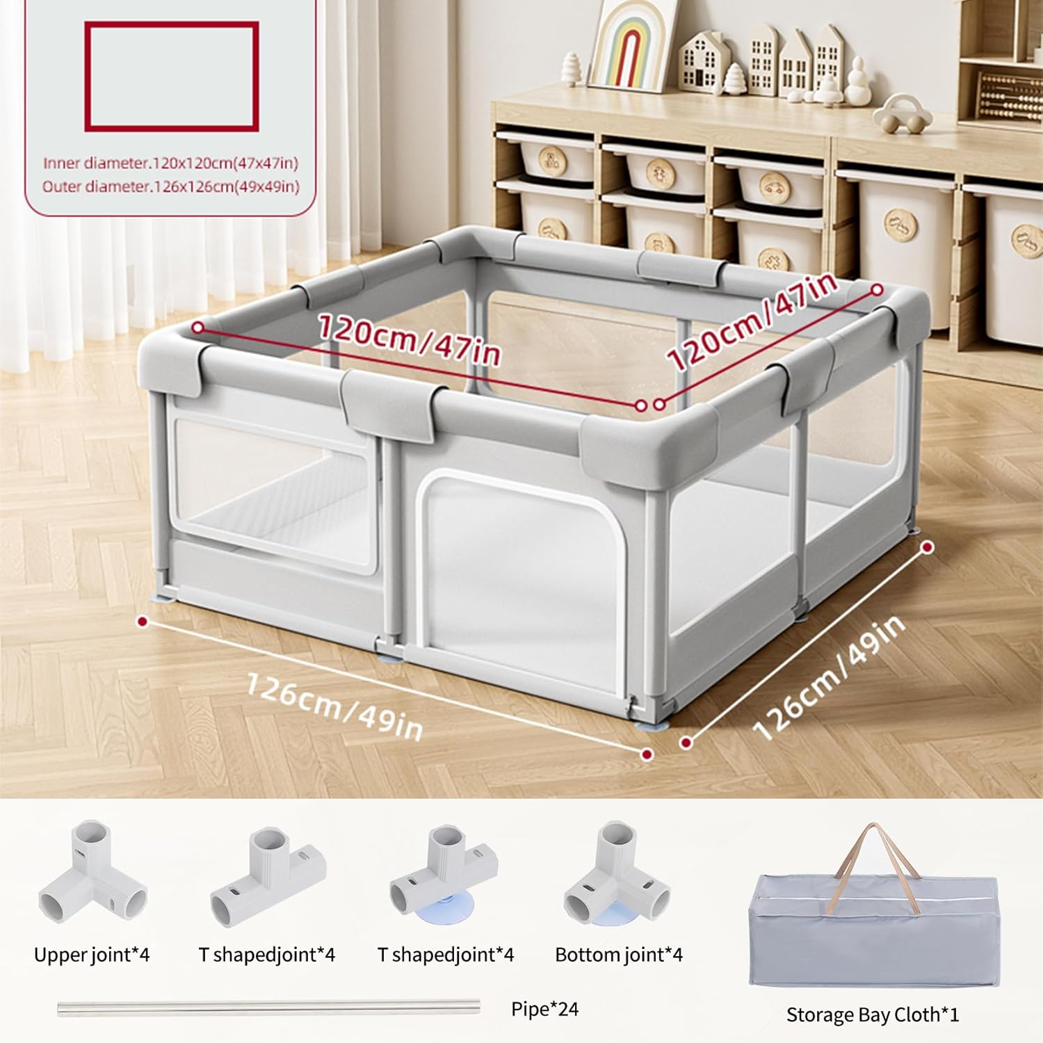 Infant Shining Baby Playpen, Playpens for Babies, Large Playpen for Toddlers, Recreation Area, Sturdy Safety Baby Play Yard Fence，Baby Gate Playpen (125 * 125Cm, Gray) image number 6