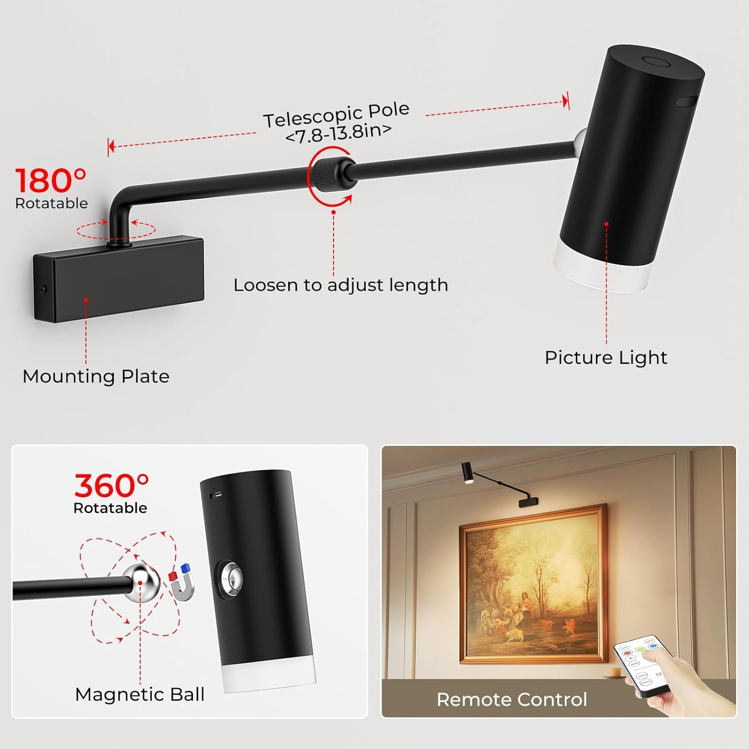 HUDYOGY Rechargeable Picture Light with Remote Control, Adjustable Wall Sconce, 4000Mah Battery, Dimmable LED Art Light for Gallery, Bedroom & Bathroom image number 3