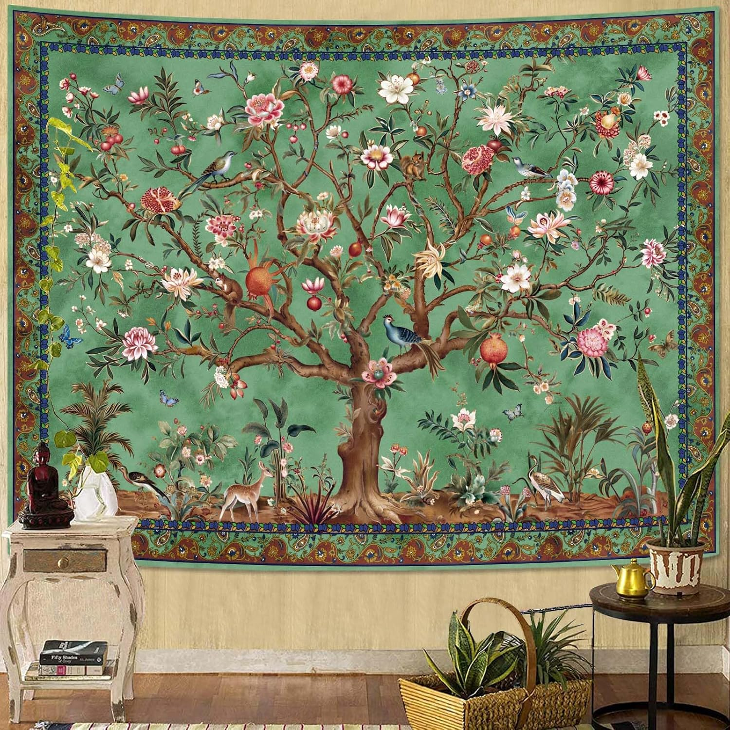 Boho Tree of Life Tapestry, Vintage Flower Leaves Birds Plant Animal Pattern Tapestries, Retro Indian Bohemian Aesthetic Wall Hanging Orange Yellow 36&times;48 Inch